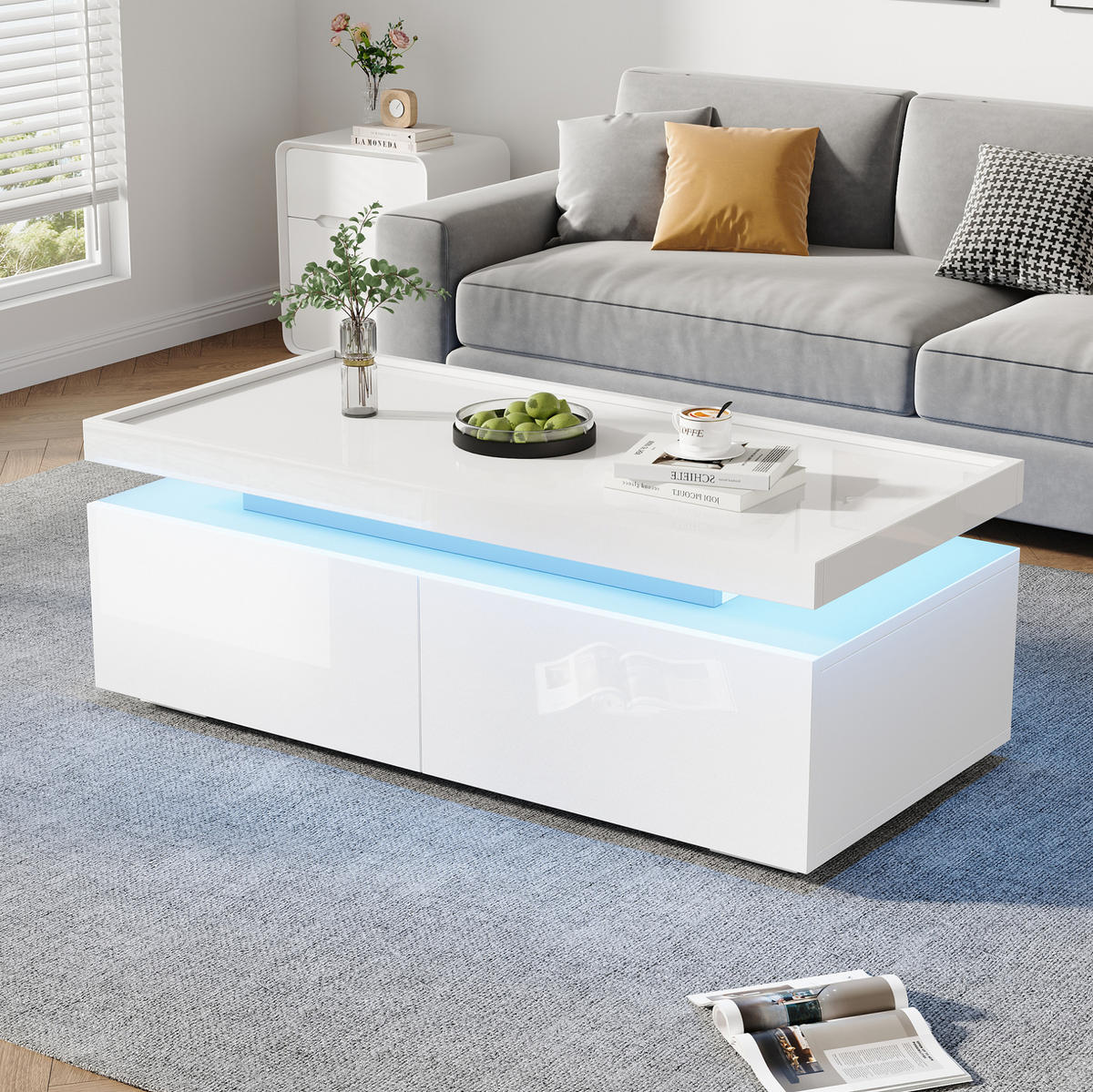 COUCHTISCH 95/45/35 cm Weiß aus Spanplatte mit LED und 2 Schubladen - Weiß, Holzwerkstoff (95/45/35cm) - OKMYHOME