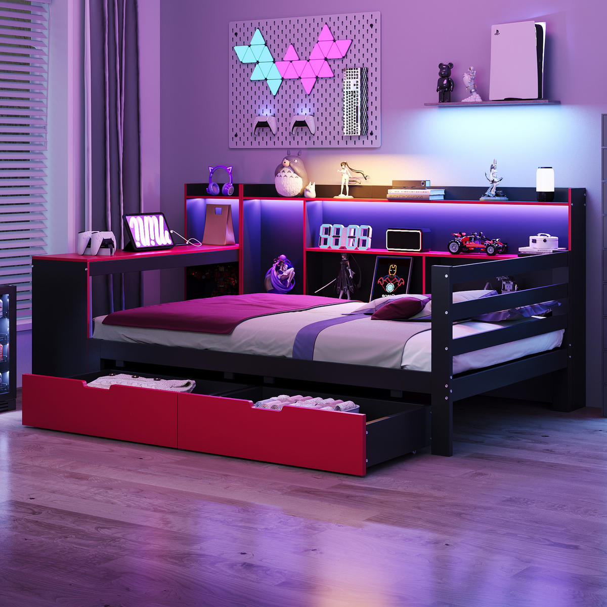 SCHLAFSOFA 90/200 cm in Schwarz & Rot mit 2 Schubladen, LED und USB - Rot/Schwarz, Holz/Holzwerkstoff (90/200cm) - WISHDOR