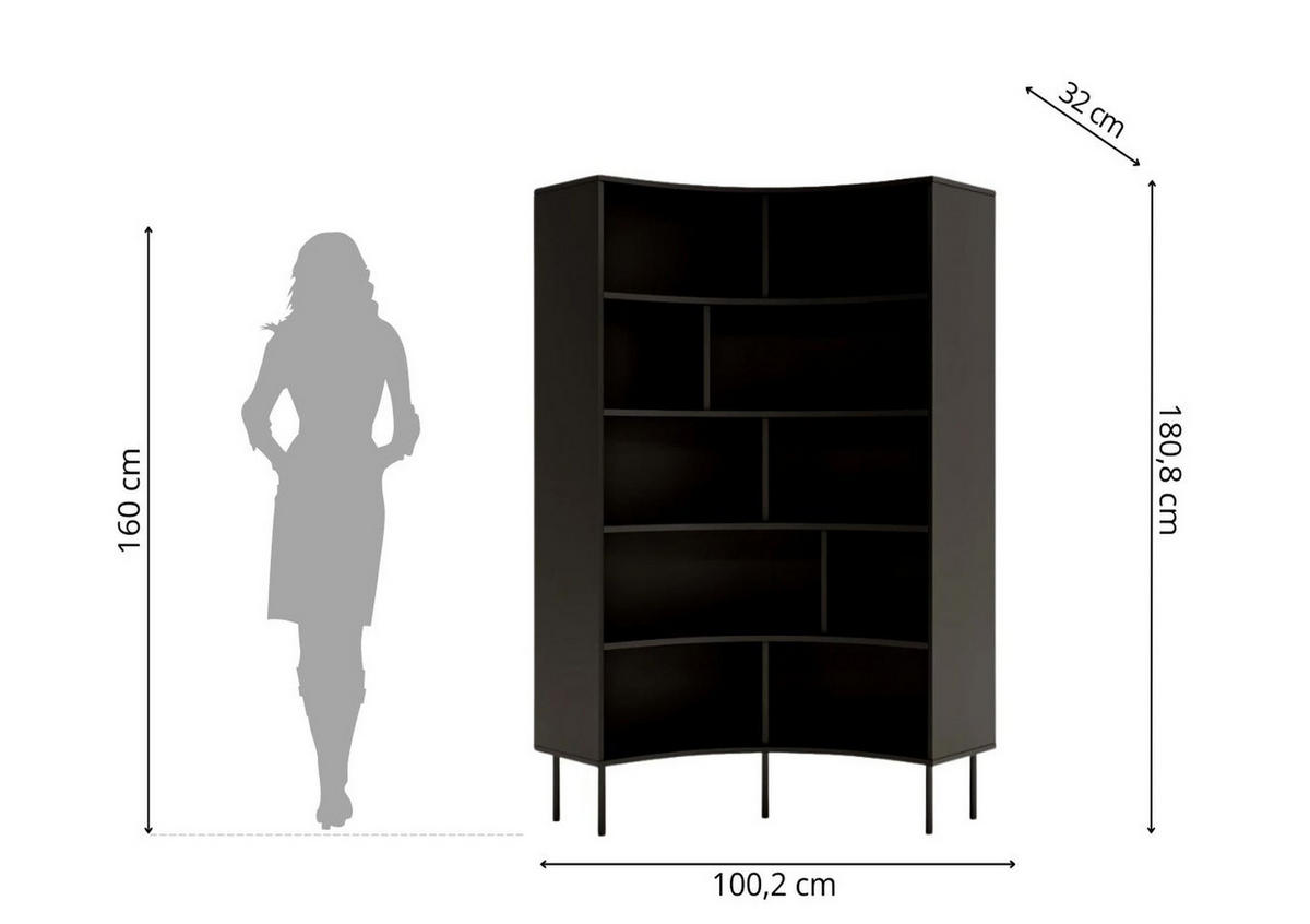 BÜCHERREGAL Horn, Schwarz, Bogenform, 10 Fächern - Schwarz, Holzwerkstoff/Metall (100/181/32cm) - Skandica