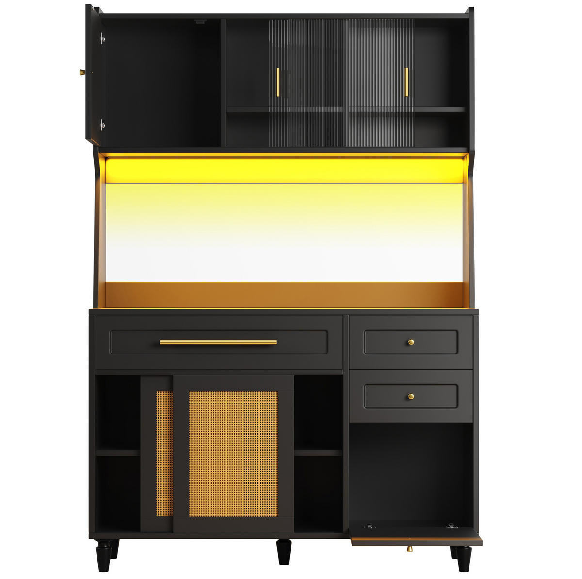 ANRICHTE 120/45/195,5 cm in Schwarz mit LED-Beleuchtung und 3 Schubladen - Schwarz, Holzwerkstoff (120/195.5/45cm) - Flora Grace