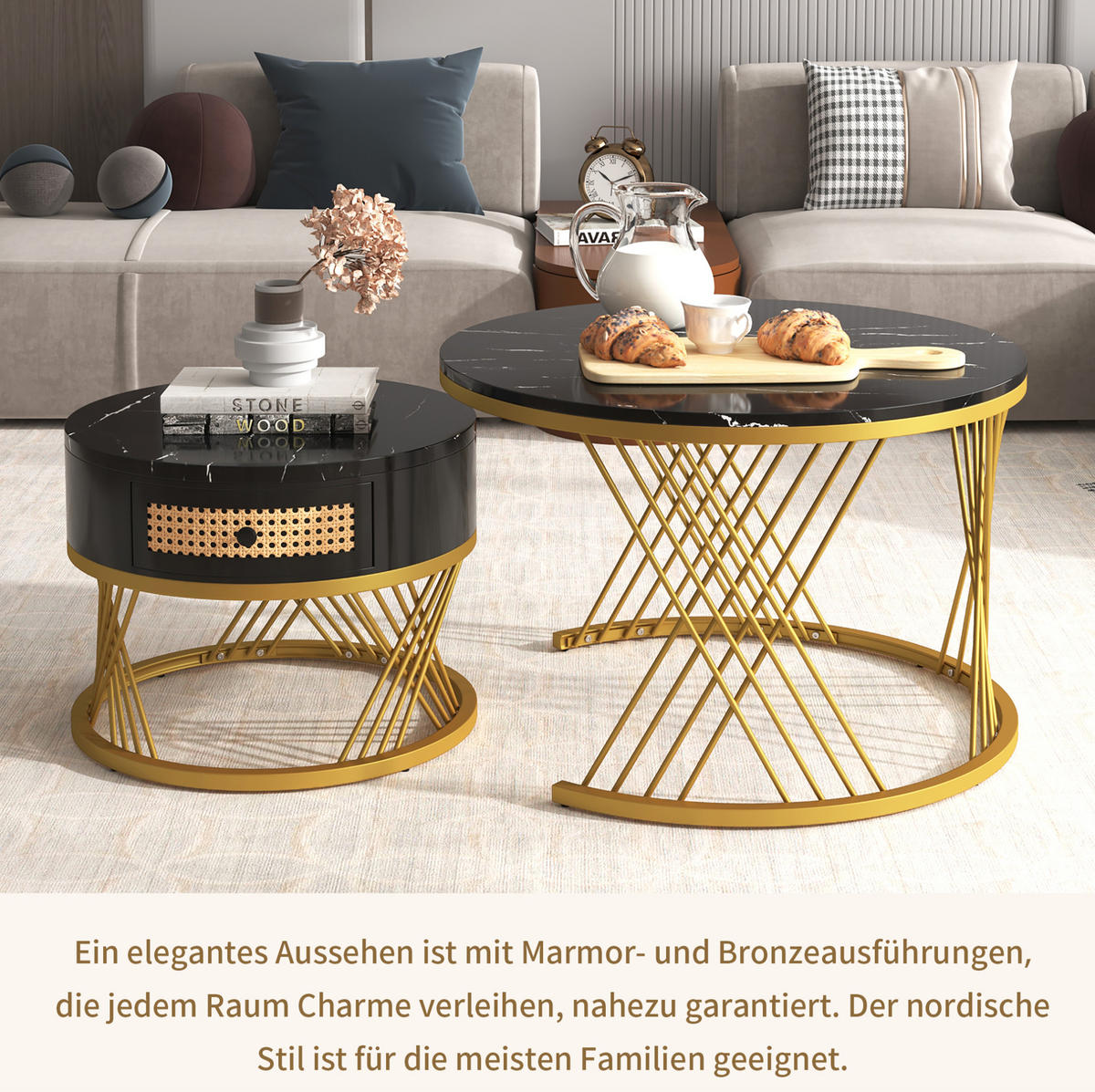 COUCHTISCH 70/50 cm schwarz aus MDF mit Marmormuster und Schublade - Schwarz, Holzwerkstoff (70/70/45.5cm) - OKMYHOME