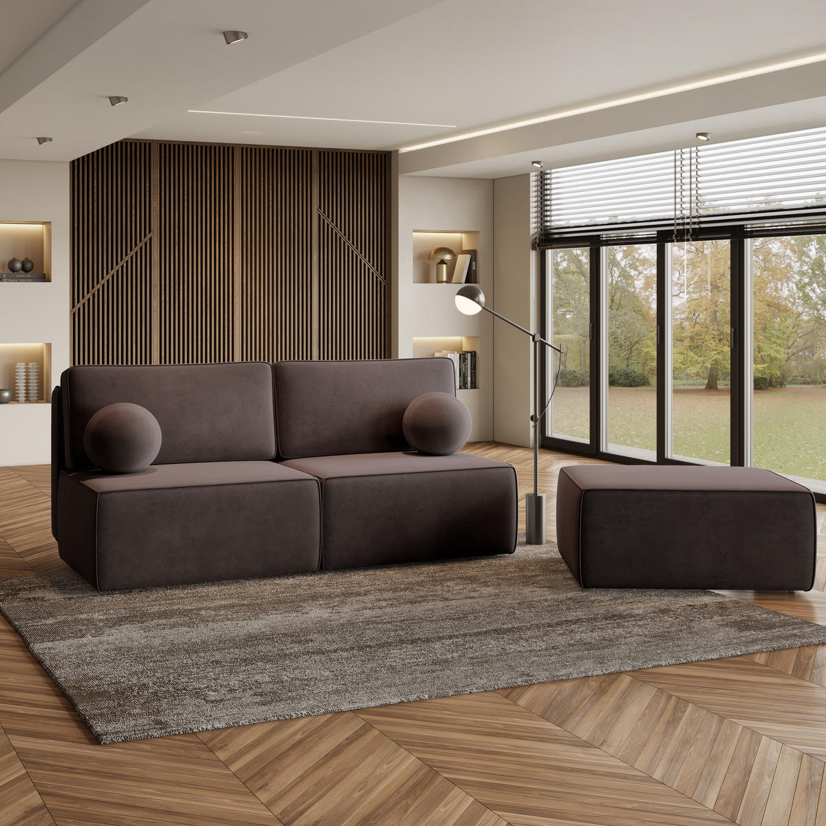 ECKSOFA VARNA M Braun Velours-Stoff mit Schlaffunktion - Braun, Holz (196/158cm) - MASSENO