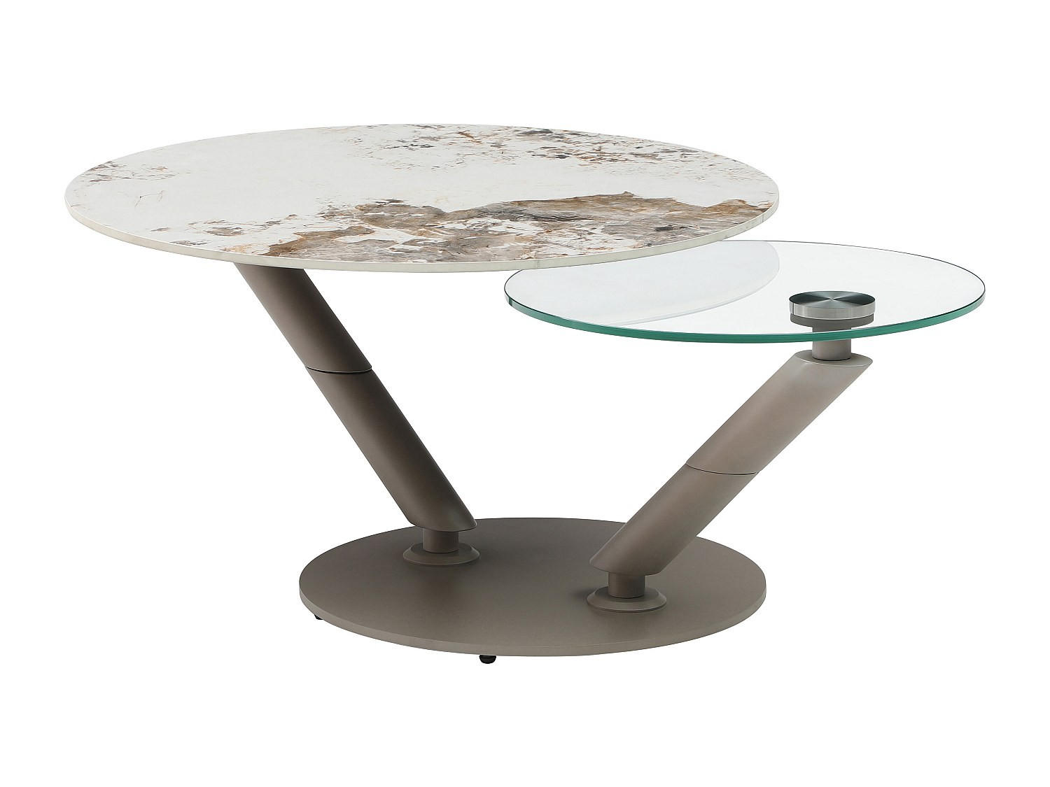 COUCHTISCH mit drehbaren Tischplatten - Keramik, Sicherheitsglas & taupefarbenes Metall - Marmor-Optik Weiß & Grau - ELDOVA - Taupe, Glas (130/80/43cm) - Vente-Unique