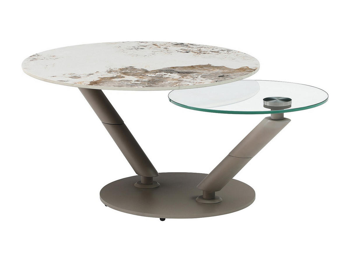COUCHTISCH mit drehbaren Tischplatten - Keramik, Sicherheitsglas & taupefarbenes Metall - Marmor-Optik Weiß & Grau - ELDOVA - Taupe, Glas (130/80/43cm) - Vente-Unique