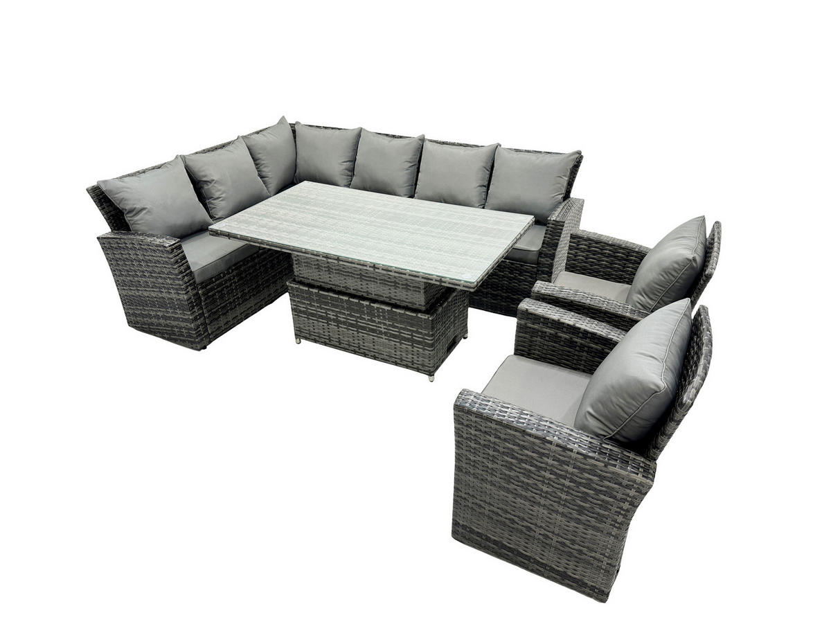 GARTENSET mit höhenverstellbarer Tisch Polyrattan 8-Sitzer - Dunkelgrau/Grau, Glas/Kunststoff - Fimous