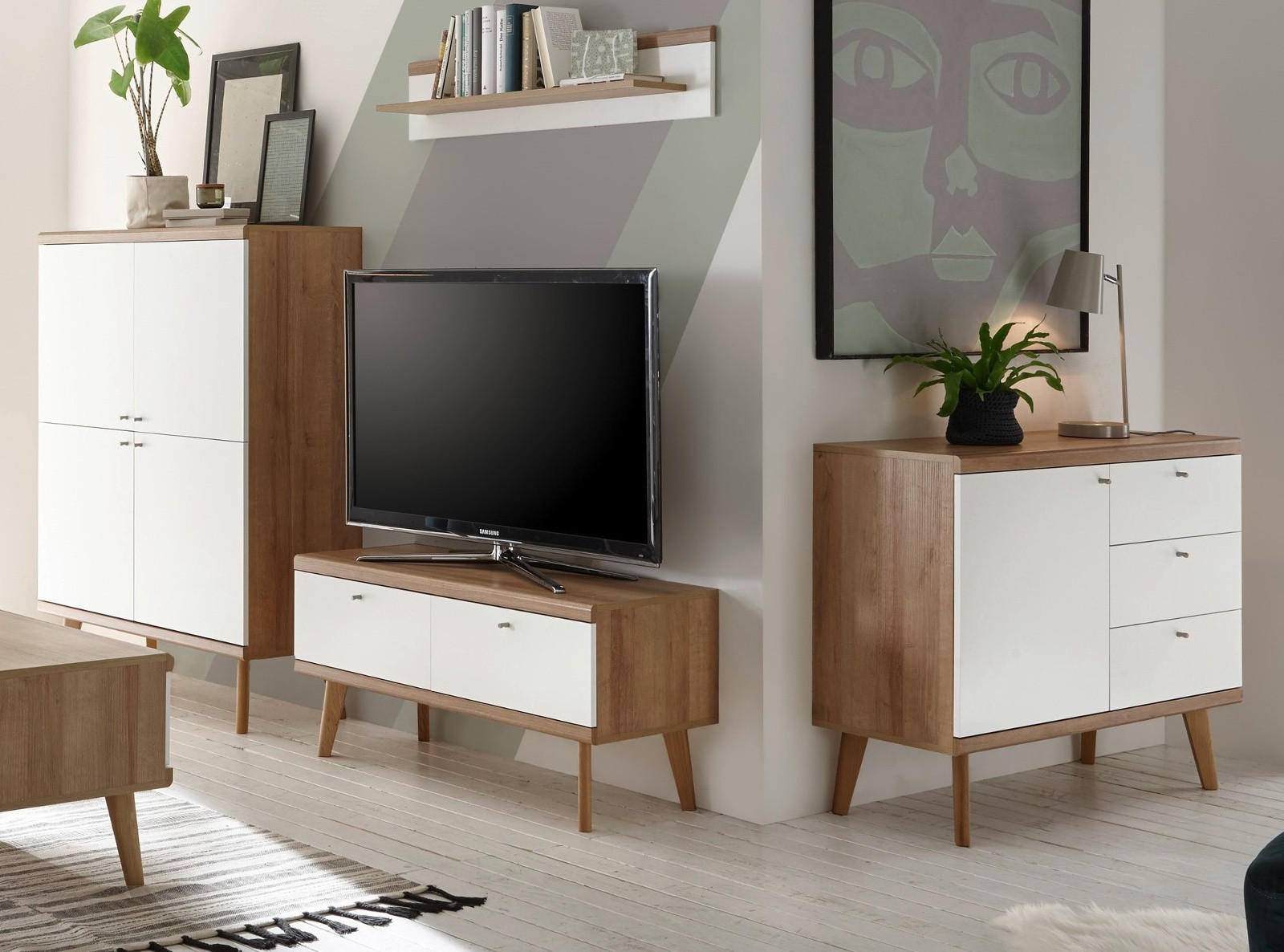 WOHNWAND weiß Eiche Riviera, Schrankwand skandinavisch 4-teilig 341 x 160 cm - Eichefarben/Weiß, Holzwerkstoff/Metall (341/160/40cm) - Furn.Design