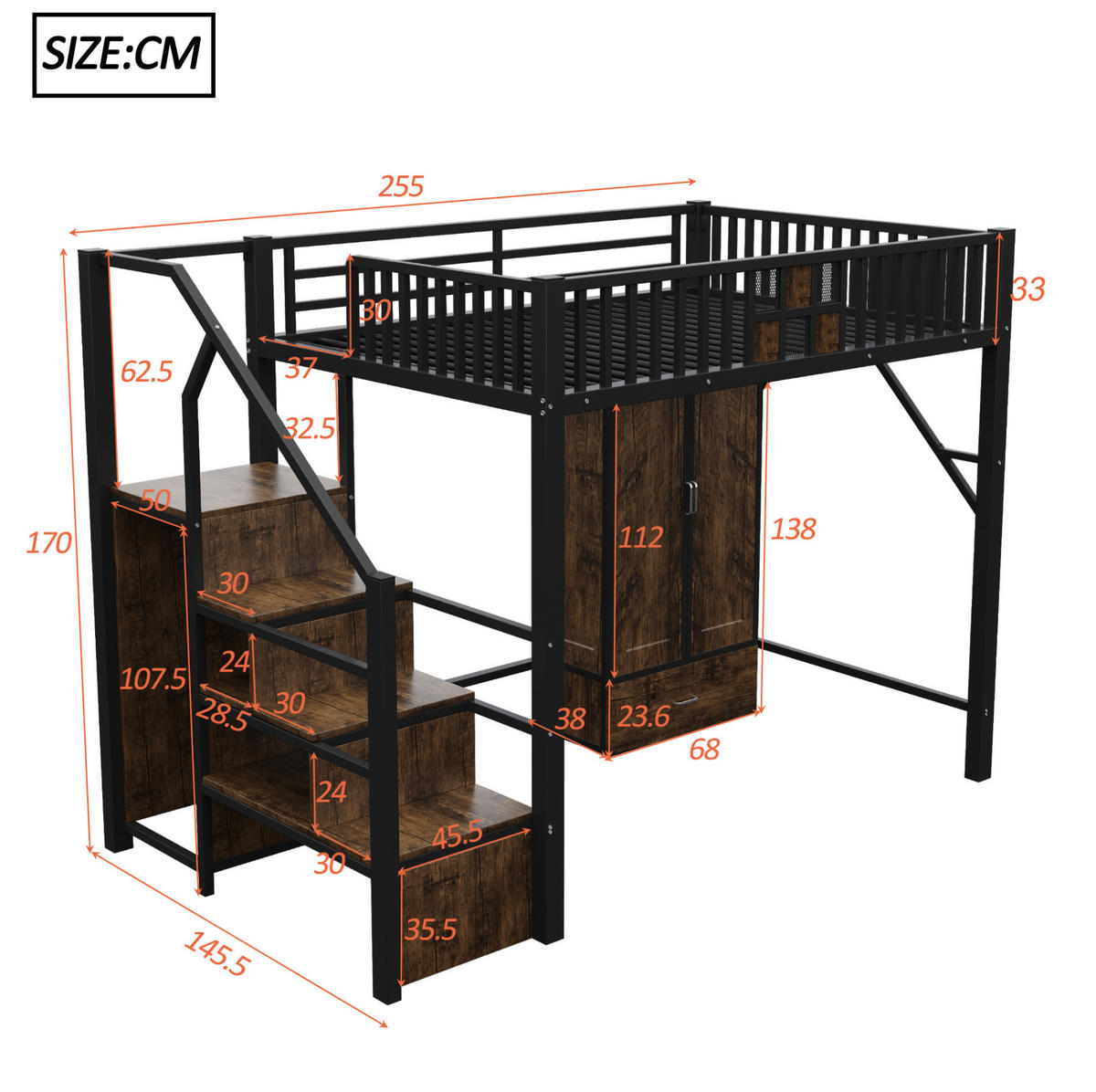 HOCHBETT aus Metall und Holz 140x200 cm Schwarz mit Kleiderschrank, Schublade und Aufbewahrungsleiter - Schwarz, Metall (140/200cm) - Modfu