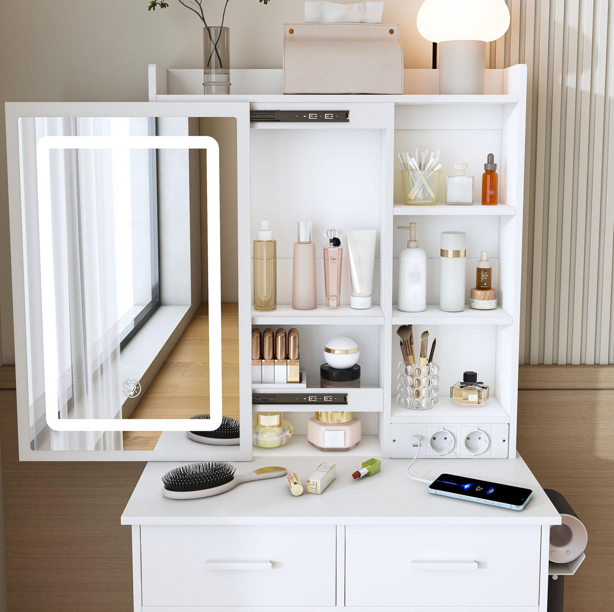 KOZMETIČNA miza, 60/136/36 cm, MDF bela, z LED-osvetlitvijo, USB-priključki in taburejem - bela, leseni material (36/136/60cm) - BEAOK