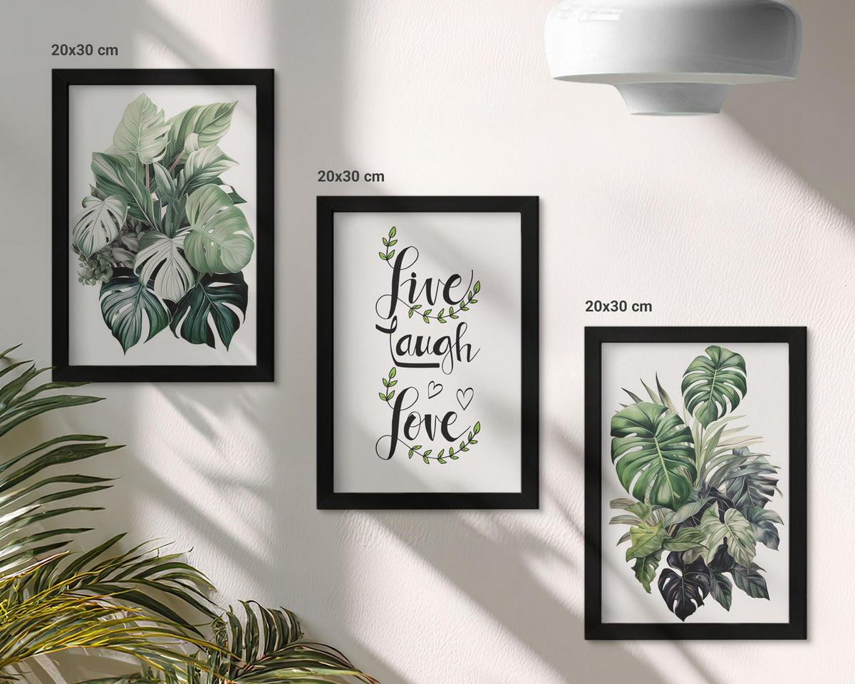 WANDBILDER 3er-Set - 20x30 cm Schwarzer Rahmen - Blattpflanzen leben, lachen, lieben - Schwarz, Kunststoff (20/30cm) - ArtPrintCave