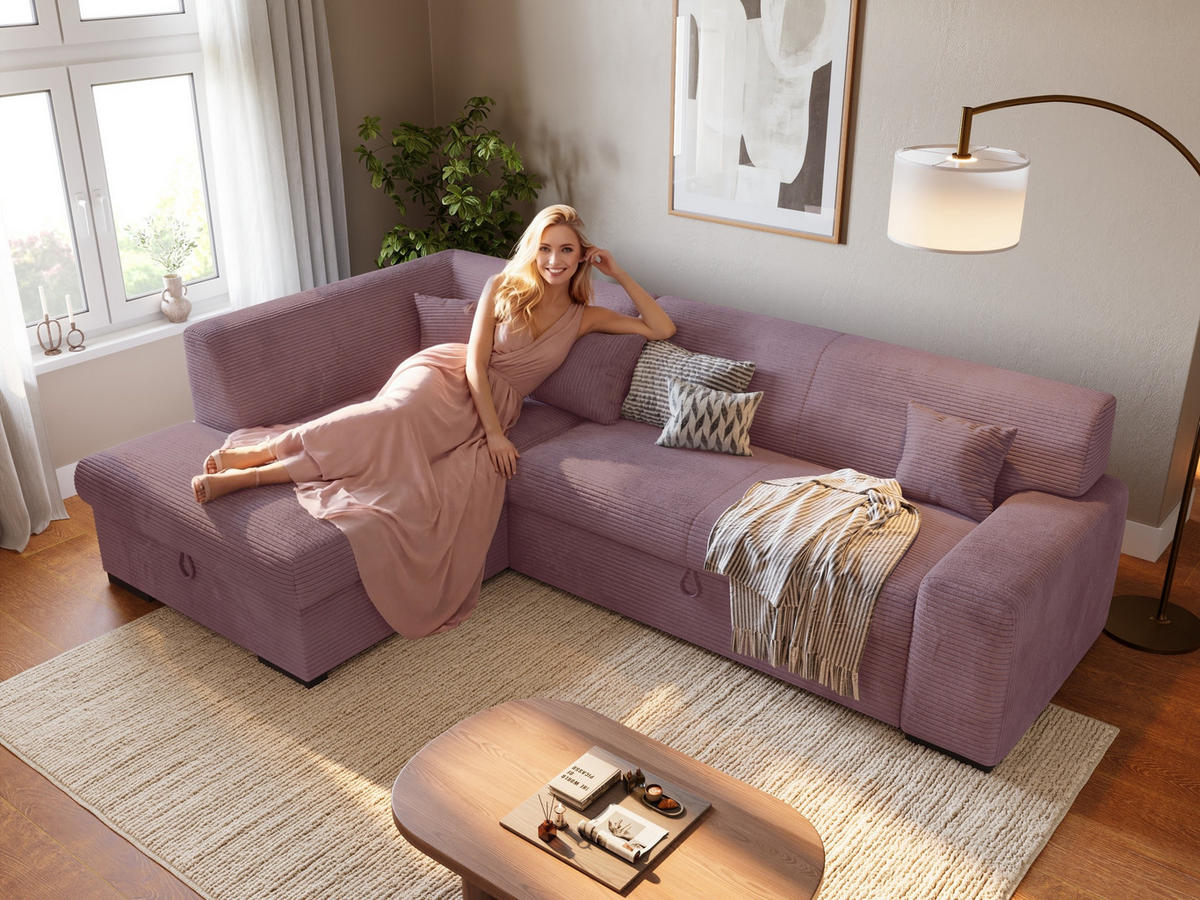 ECKSOFA mit Schlaffunktion Cordstoff MILENZO Puderrosa Links - Rosa, Holz (260/175cm) - Bromarkt