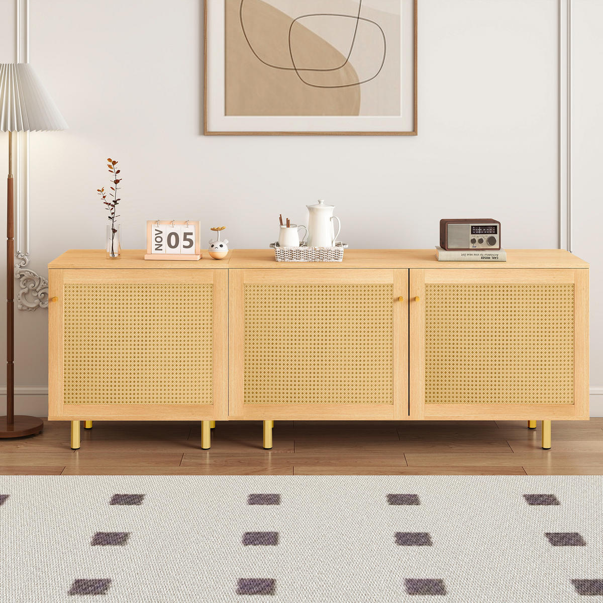 SIDEBOARD 180/40/63 cm mit 3 Türen in Naturholzoptik und goldfarbenen Griffen - Naturfarben, Holzwerkstoff (180/63/40cm) - BEAOK