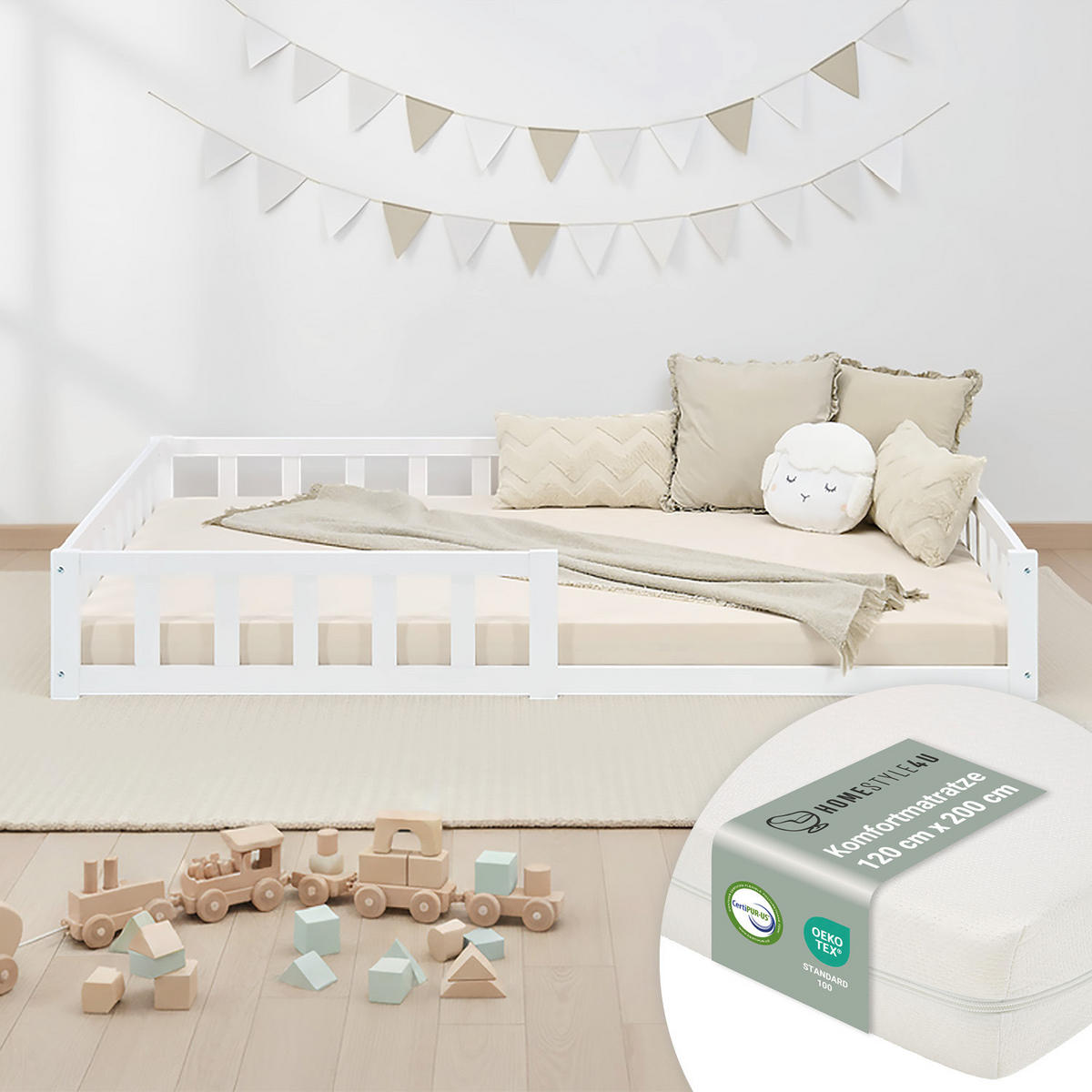 BODENBETT 120x200 cm in weiß Lattenrost + Matratze - Weiß, Holz (90/200cm) - Homestyle4u