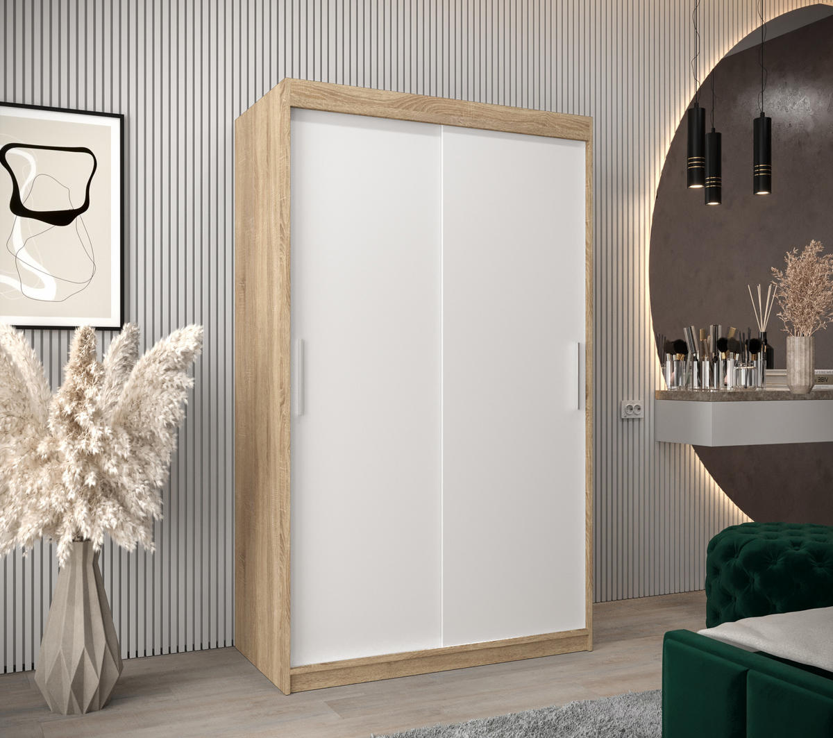 SCHWEBETÜRENSCHRANK 200/120/62 2-türig - Silberfarben/Weiß, Holz/Kunststoff (120/200/62cm) - Abiks Möbel
