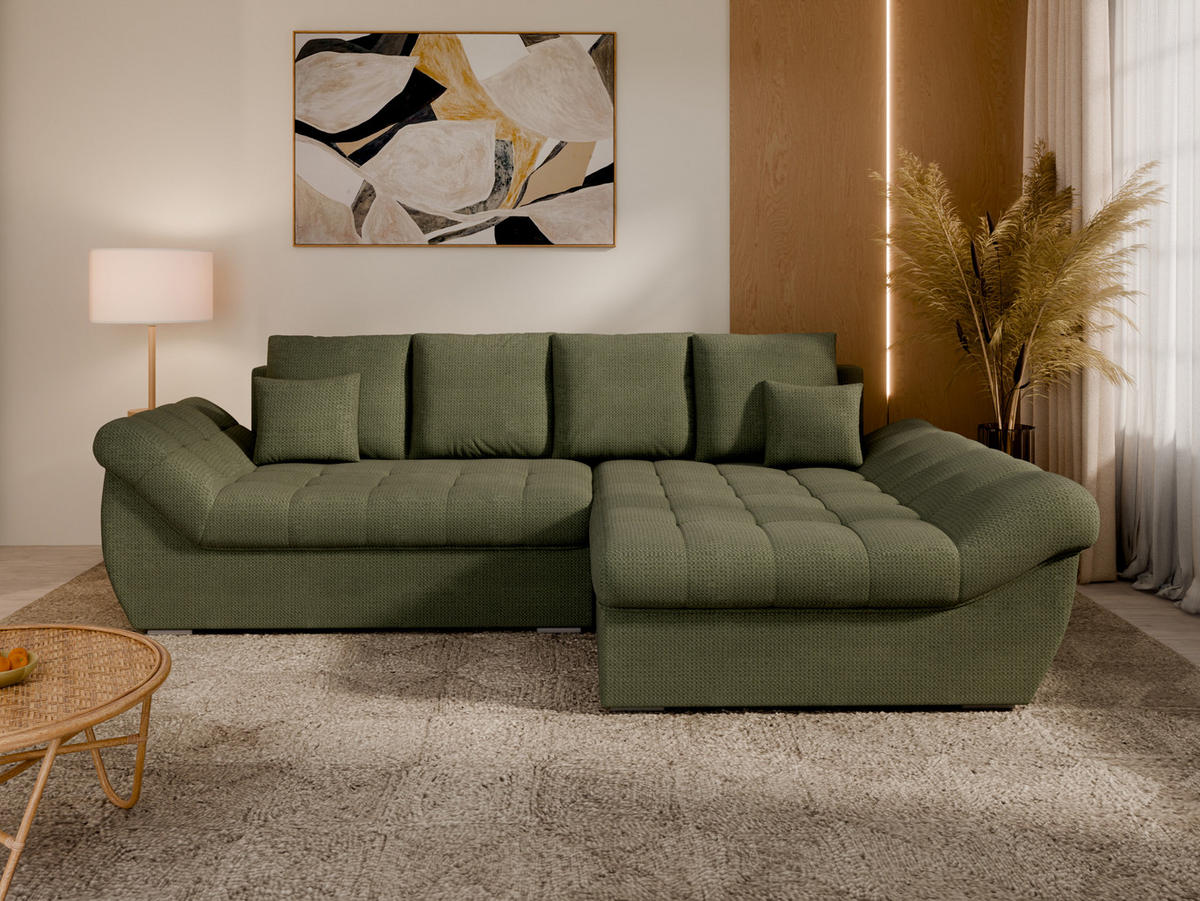 ECKSOFA ZAYA mit Schlaffunktion L-Form, Sofa mit Bettkasten, Wohnzimmersofa, Couch, Soffa, Bettsofa, RECHTS-Grün - Grün, Holz (279/175cm) - Homesy