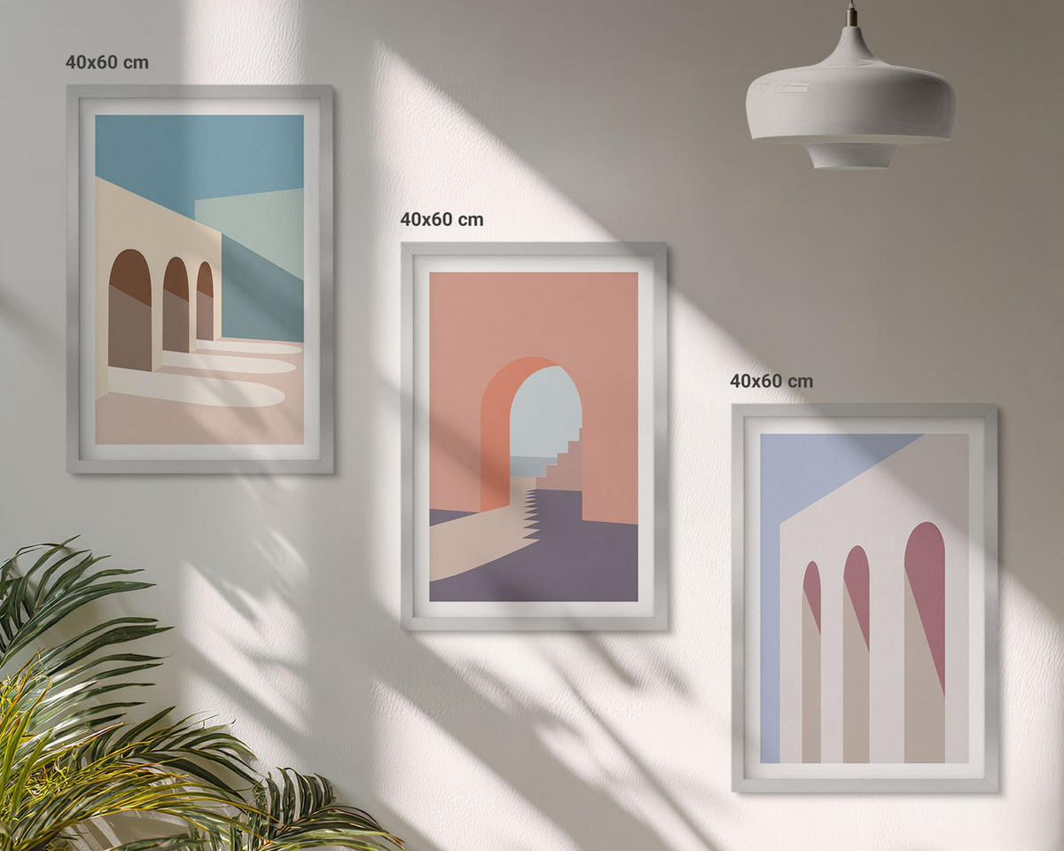 WANDBILDER 3er Set - 40x60 cm Silberner Rahmen - Architekturgrafiken in Pastellfarben - Silberfarben, Kunststoff (40/60cm) - ArtPrintCave