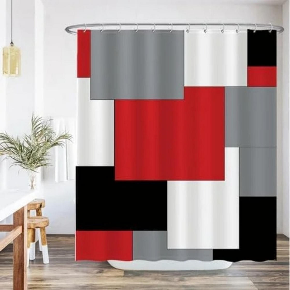 DUSCHVORHANG Rot Grau Schwarz Weiß mit Ringen - Multicolor, Textil (180/180cm) - MCBOSON