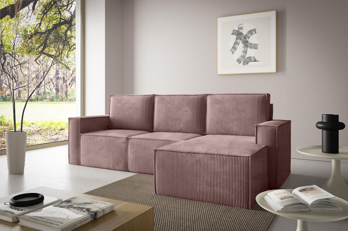 ECKSOFA Orto Rosa, Dreisitzer Kordecksofa rechte seite - Rosa, Holzwerkstoff/Textil (180/142cm) - Bettso