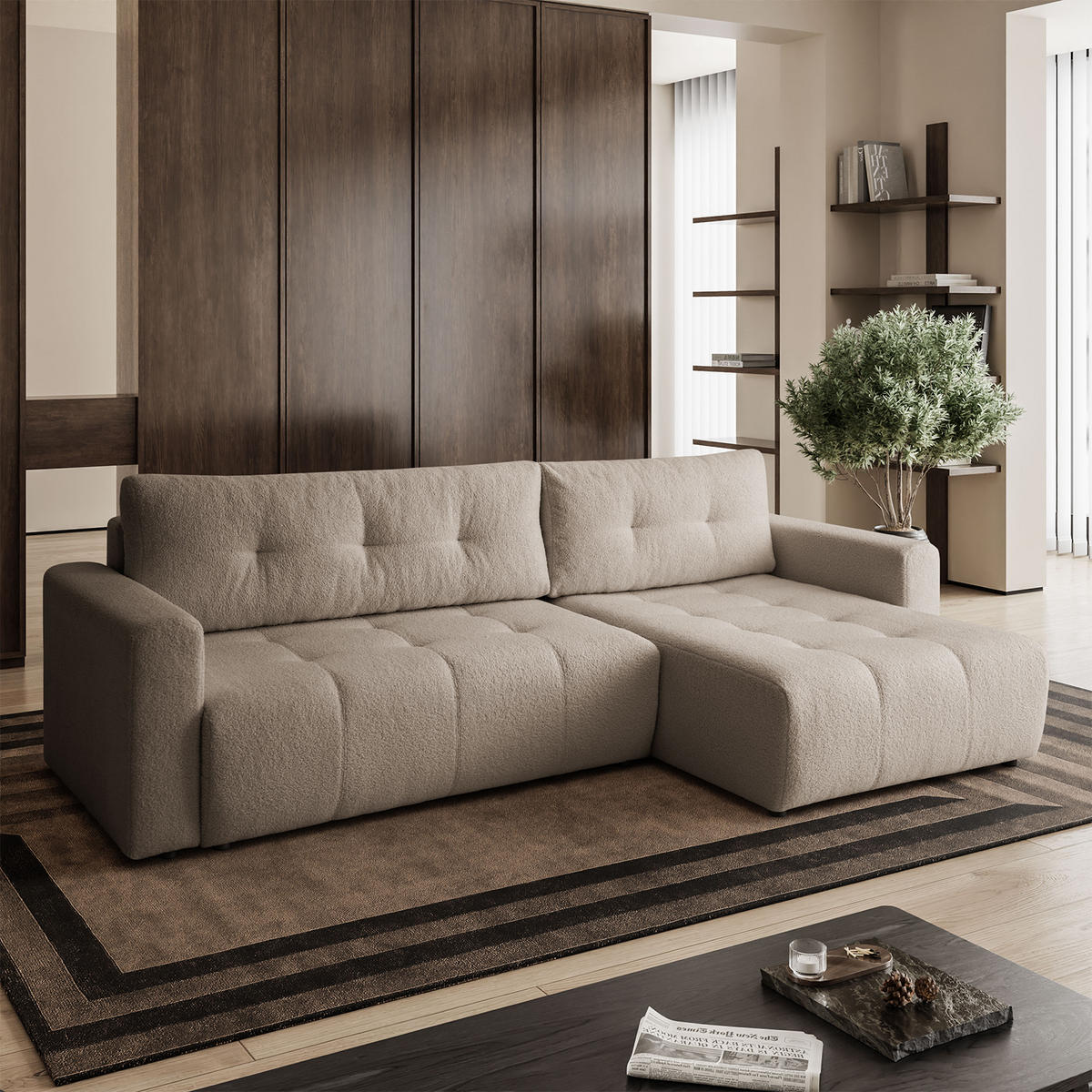 ECKSOFA WALONGO mit Schlaffunktion, Beige - Beige, Textil (261/143cm) - Fedve