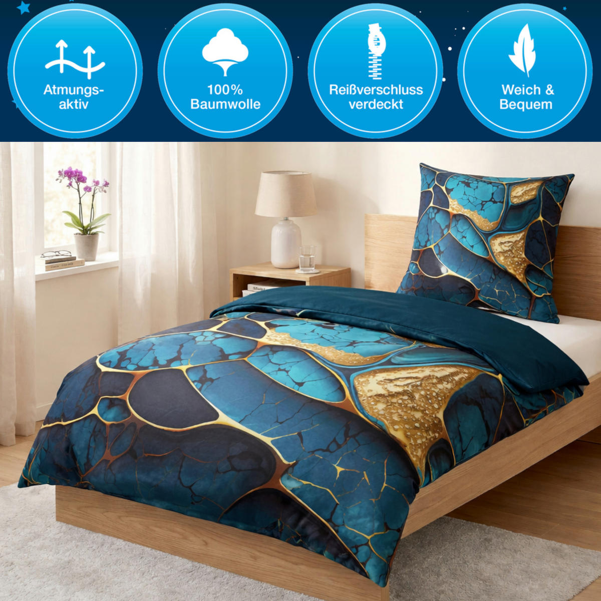 BETTWÄSCHE 2-teilig Marmor Cobalt - Blau, Naturmaterialien (135/200cm) - Sanilo