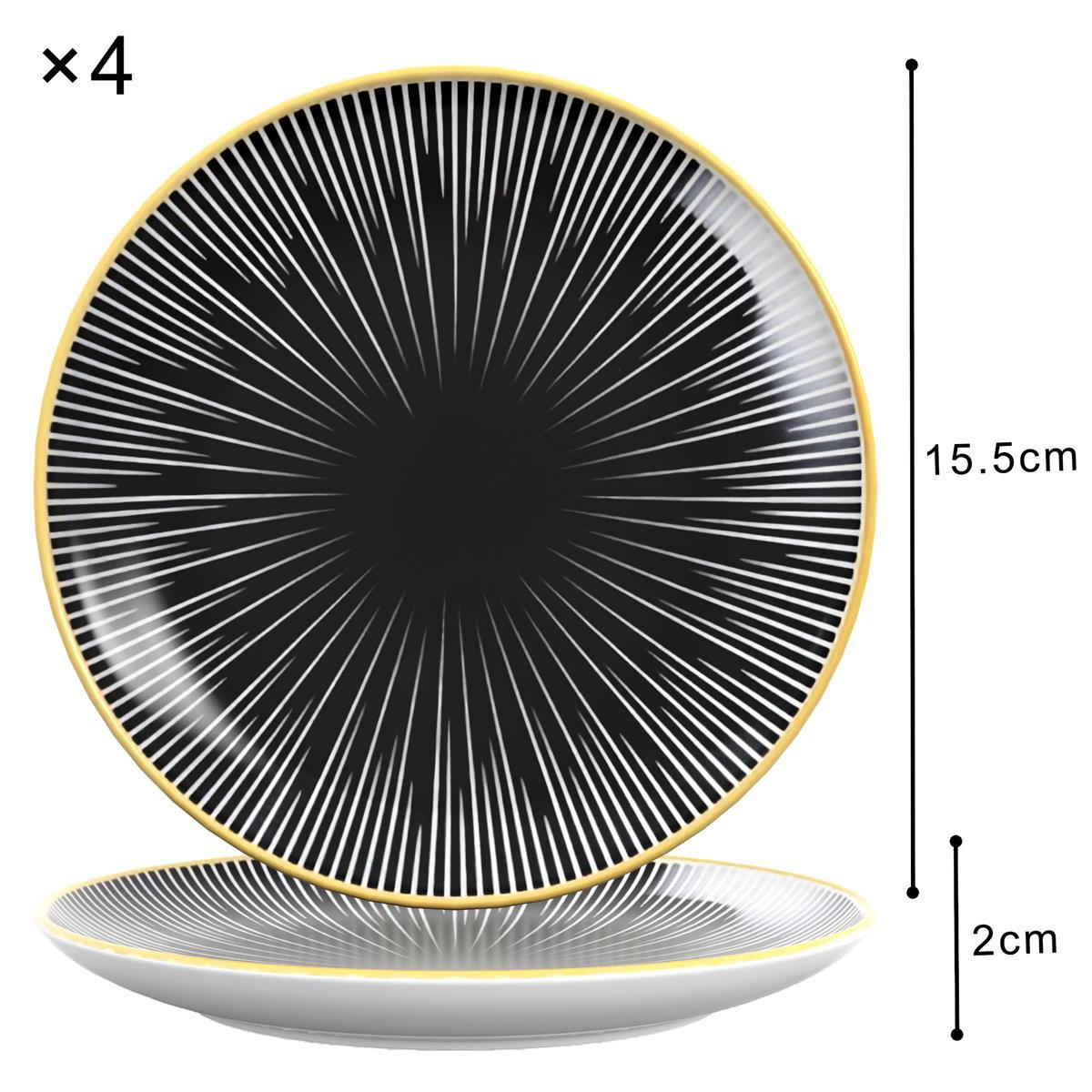 TELLER Porzellan Muster Gestreift (4-tlg.) - Schwarz, Keramik (15.3/2/15.3cm) - Intirilife