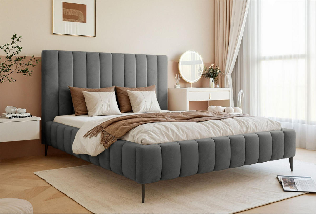 POLSTERBETT Fiarro mit Metallfüßen, Grau, Velours, 180x200 cm - Grau, Textil/Metall (180/200cm) - Selsey