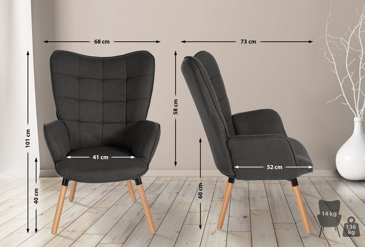 SESSEL Stoff dunkelgrau - Eukalyptusholzfarben/Dunkelgrau, Holz/Textil (68/101/73cm) - CLP