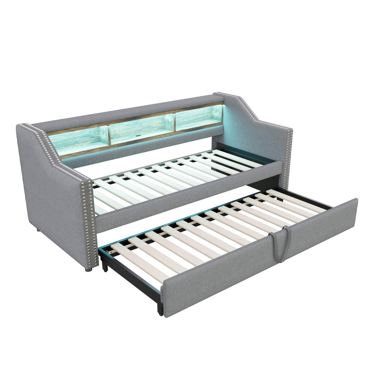 BETT Ausziehbar 90/190 cm mit LED-Beleuchtung & USB-Anschluss Hellgrau - Hellgrau, Textil (90/190cm) - OKWISH