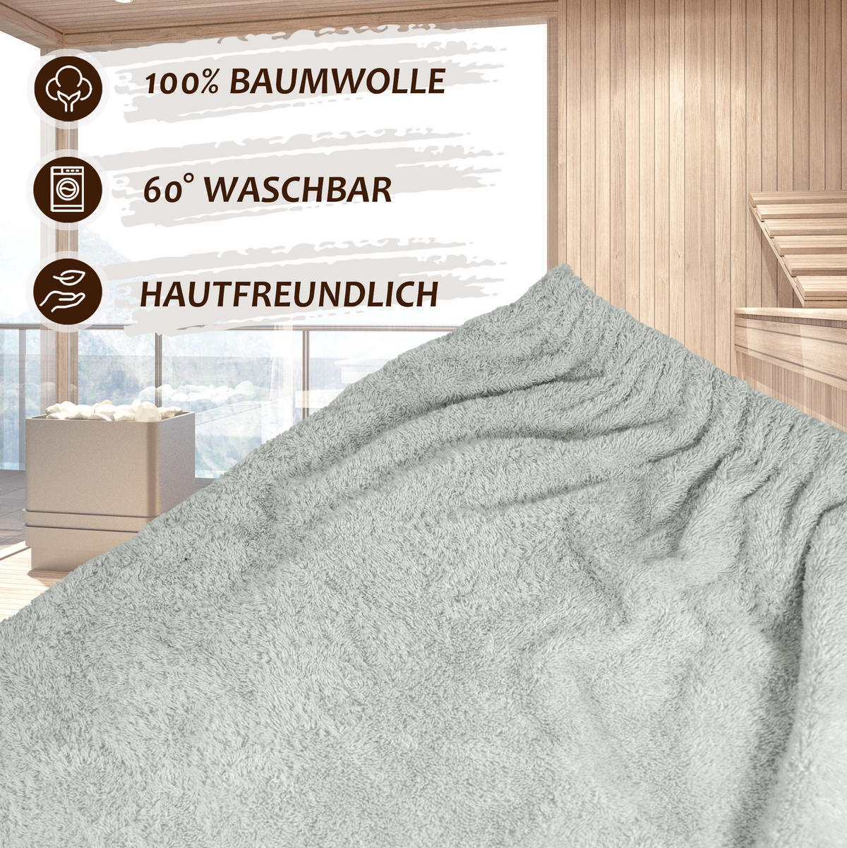 SAUNAKILT Herren Eisgrau, Lima Saunahandtuch mit Klettverschluss - Grau, Textil (140/55cm) - Lashuma