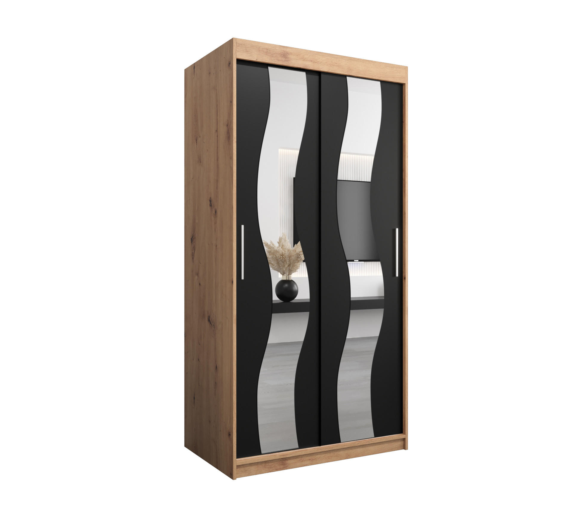 Abiks Möbel Schwebetürenschrank Eiche Artisan, Schwarz 100x200x62 cm