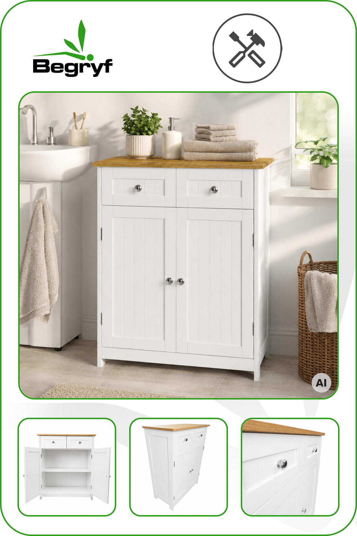 BADEZIMMERSCHRANK MDF Weiß Eiche 2 Schubladen 2 Türen 60x30x75 cm - Hellbraun/Weiß, Holzwerkstoff (60/75/30cm) - Begryf