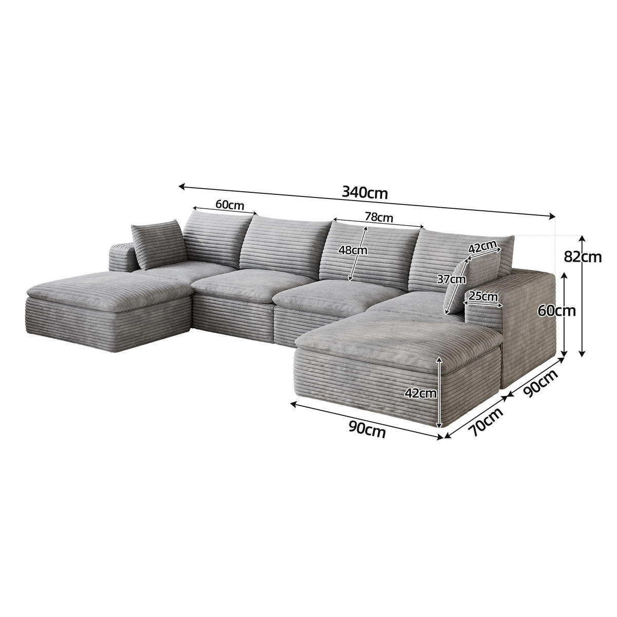 WOHNLANDSCHAFT DE-34773 4-Sitzer mit abnehmbare Polsterung Grau - Grau, Textil (160/60/340cm) - ComfortXL