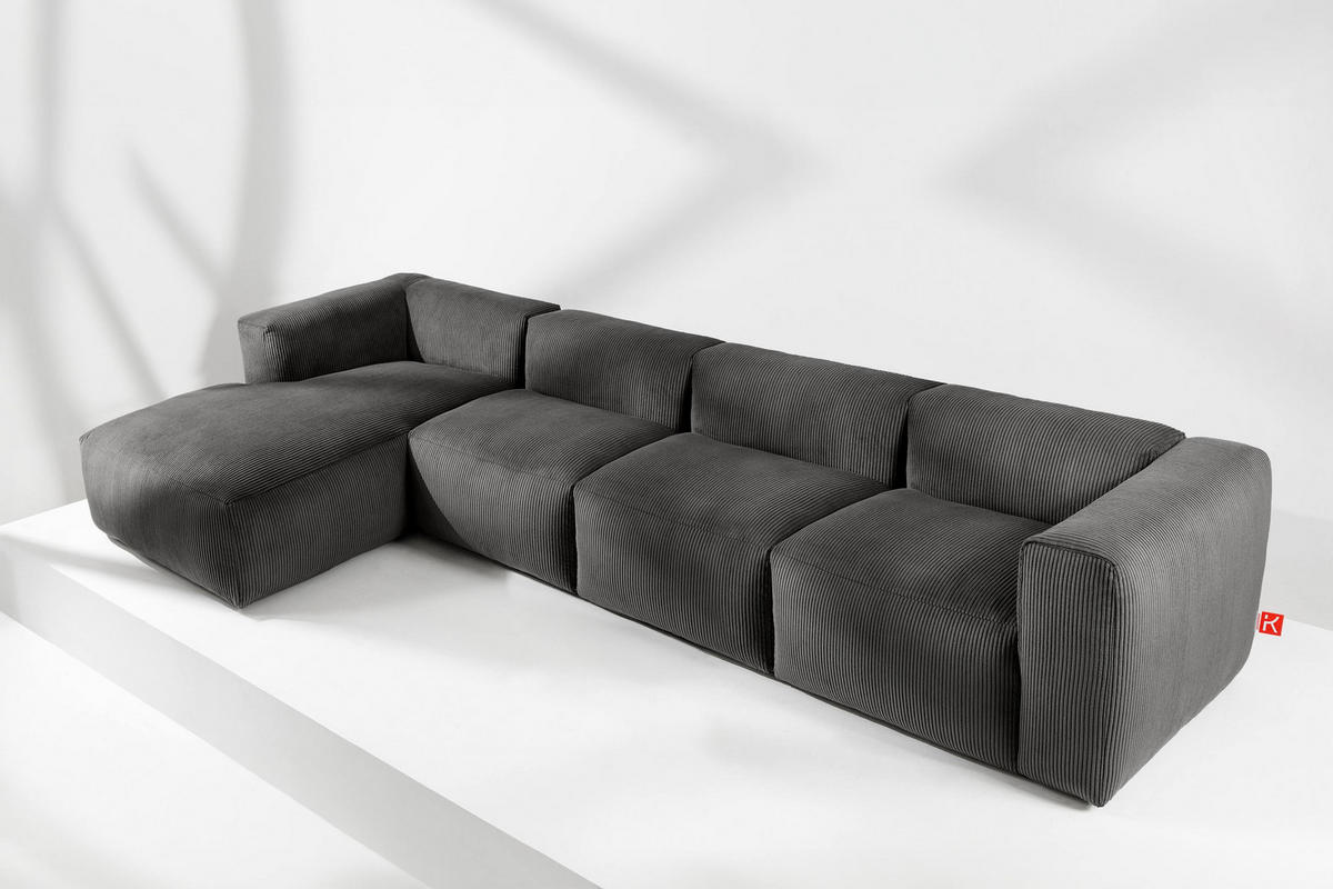 ECKMODULSOFA-LINKS BUFFO 6-Sitzer mit extrem weicher Sitzfläche, Kordstoff, grau - Grau, Textil (377/180cm) - KONSIMO®