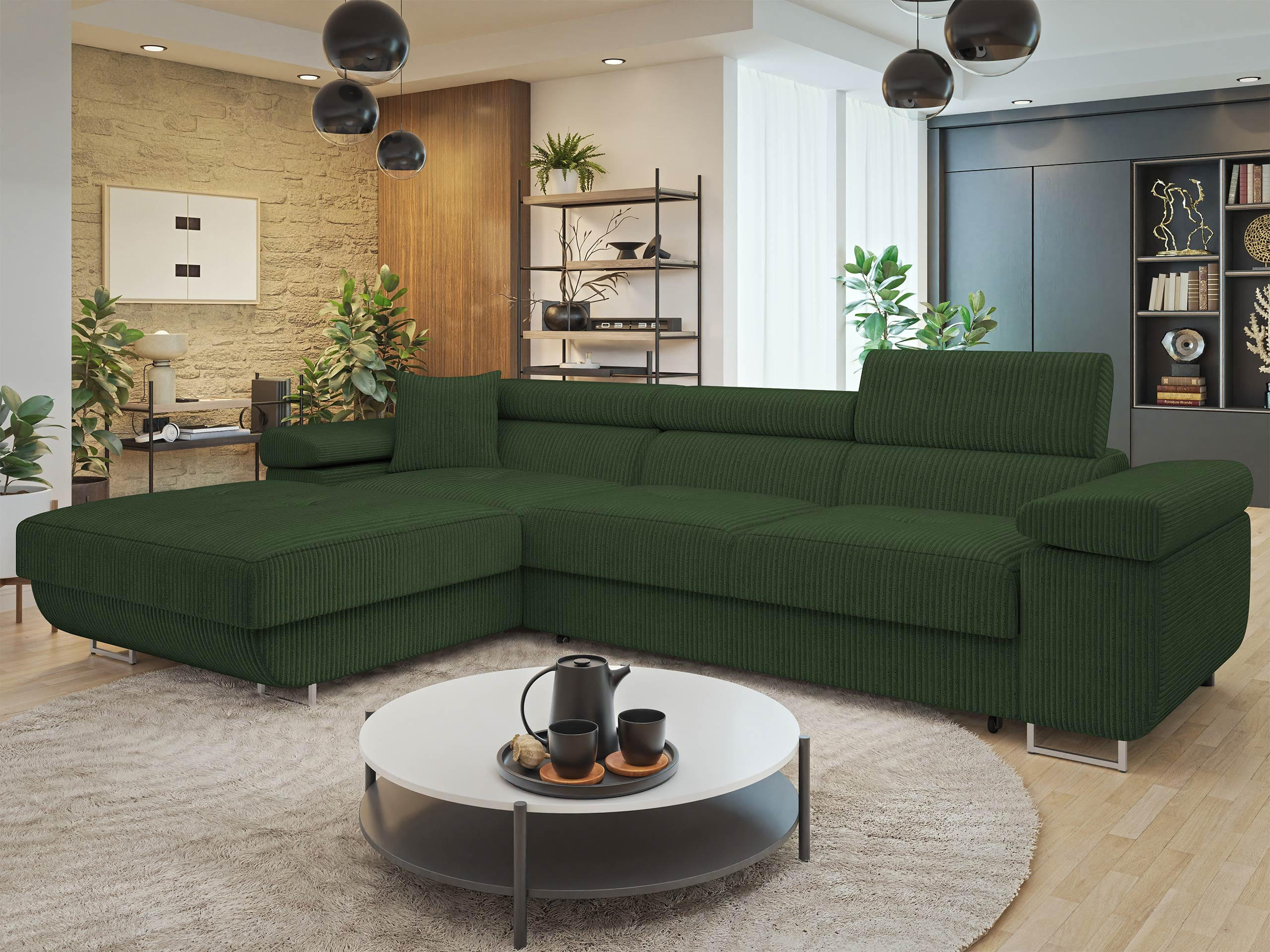 ECKSOFA Torezio Mini Cord, Seite: Links - Grün, Holz/Textil (280/170cm) - MIRJAN24
