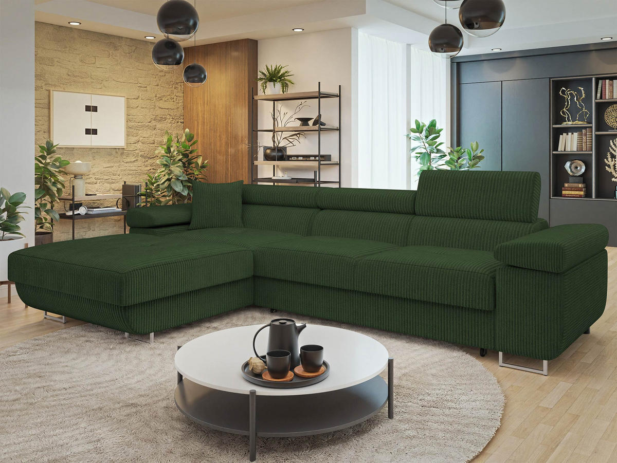 ECKSOFA Torezio Mini Cord, Seite: Links - Grün, Holz/Textil (280/170cm) - MIRJAN24