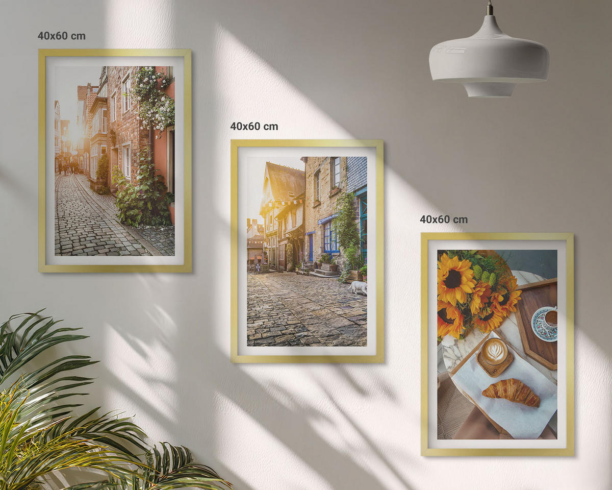 BILDER SET 3er Set - 40x60 cm Goldrahmen - Straßenkaffee Sonnenblumen - Goldfarben, Kunststoff (40/60cm) - TULUP