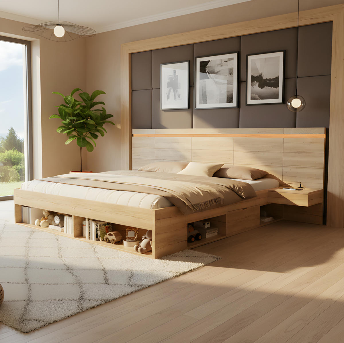 DOPPELBETT 180/200 cm mit LED-Beleuchtung, USB- und USB-C-Anschlüssen, Stauraum und 2 Nachttischen, Natur - Naturfarben, Holzwerkstoff (180/200cm) - Redom