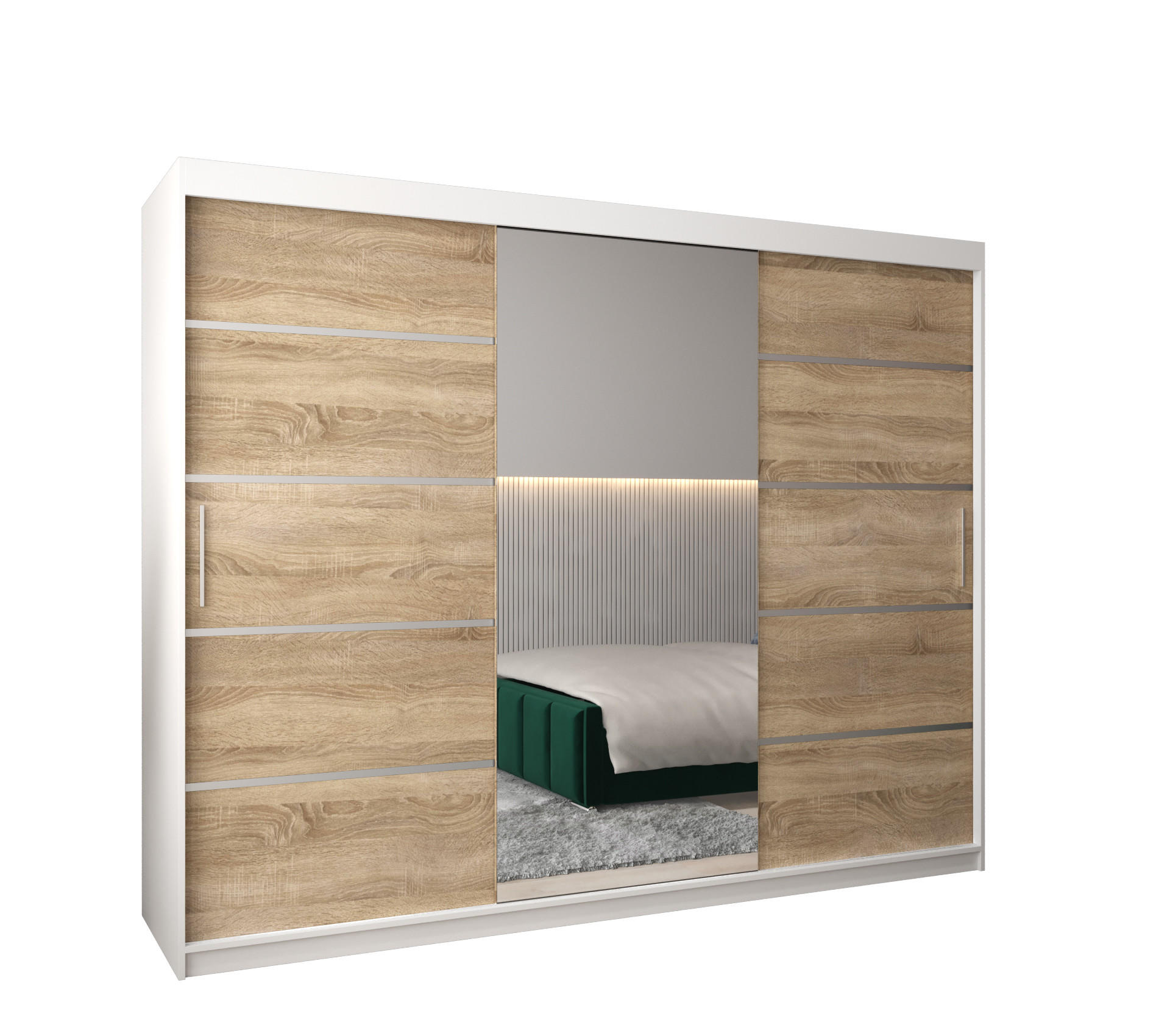 Möbel Kryspol Schwebetürenschrank Weiß, Sonoma Eiche, Silber 250x200x62 cm