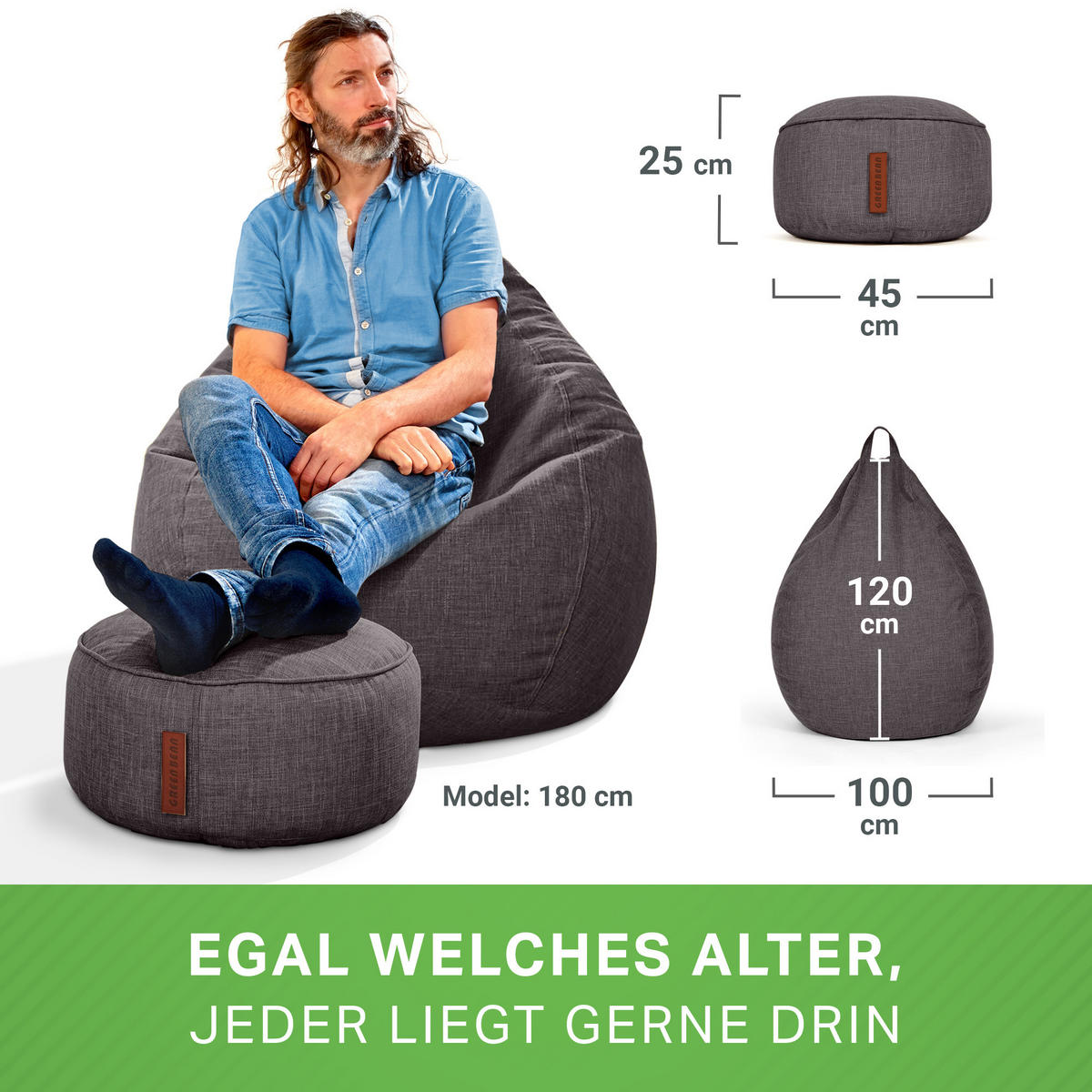 XXL-SITZSACK Indoor "Home Linen“+Hocker - Dunkelgrau, Textil (100/120/50cm) - Green Bean