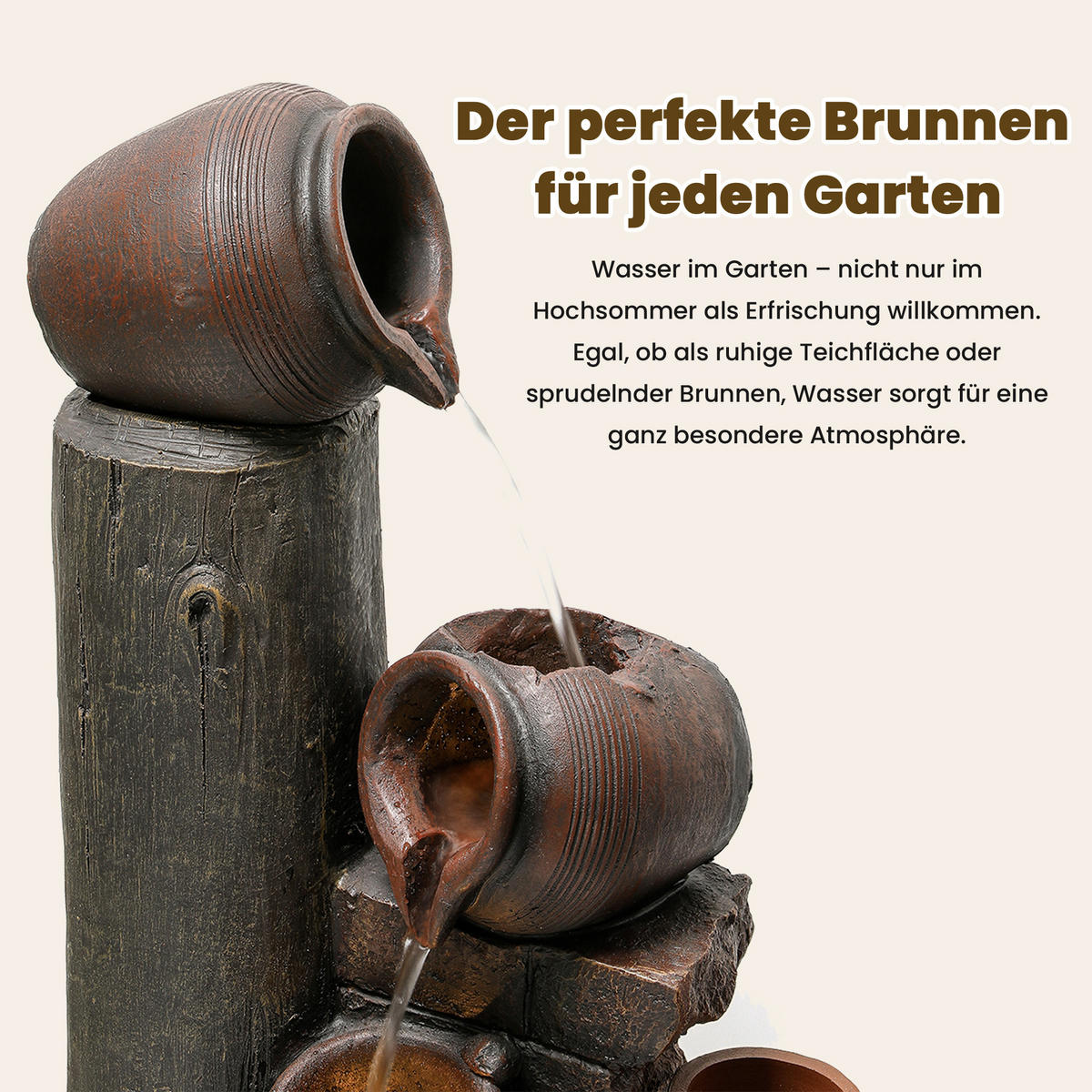 GARTENBRUNNEN, LED-Beleuchtung, Kunststein, Wasserspiel, Braun - Braun, Naturmaterialien (42/38/99cm) - FLIEKS