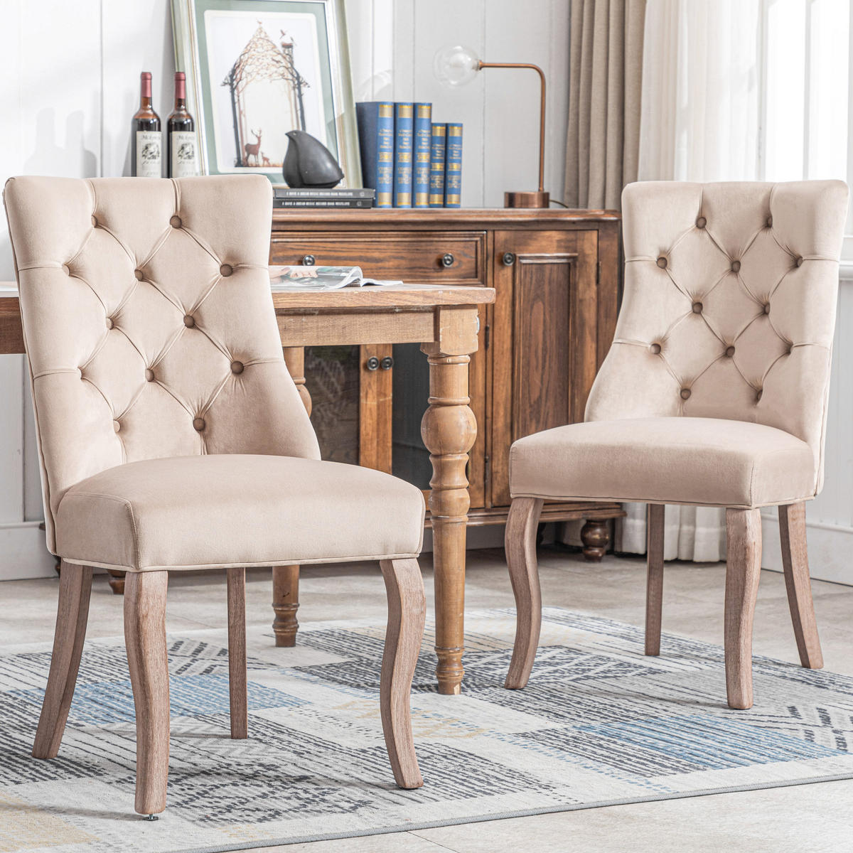 ESSZIMMERSTUHL 2er Set Samt Beige hohe Rückenlehne Massivholz - Beige, Textil (51/97/47cm) - FLIEKS
