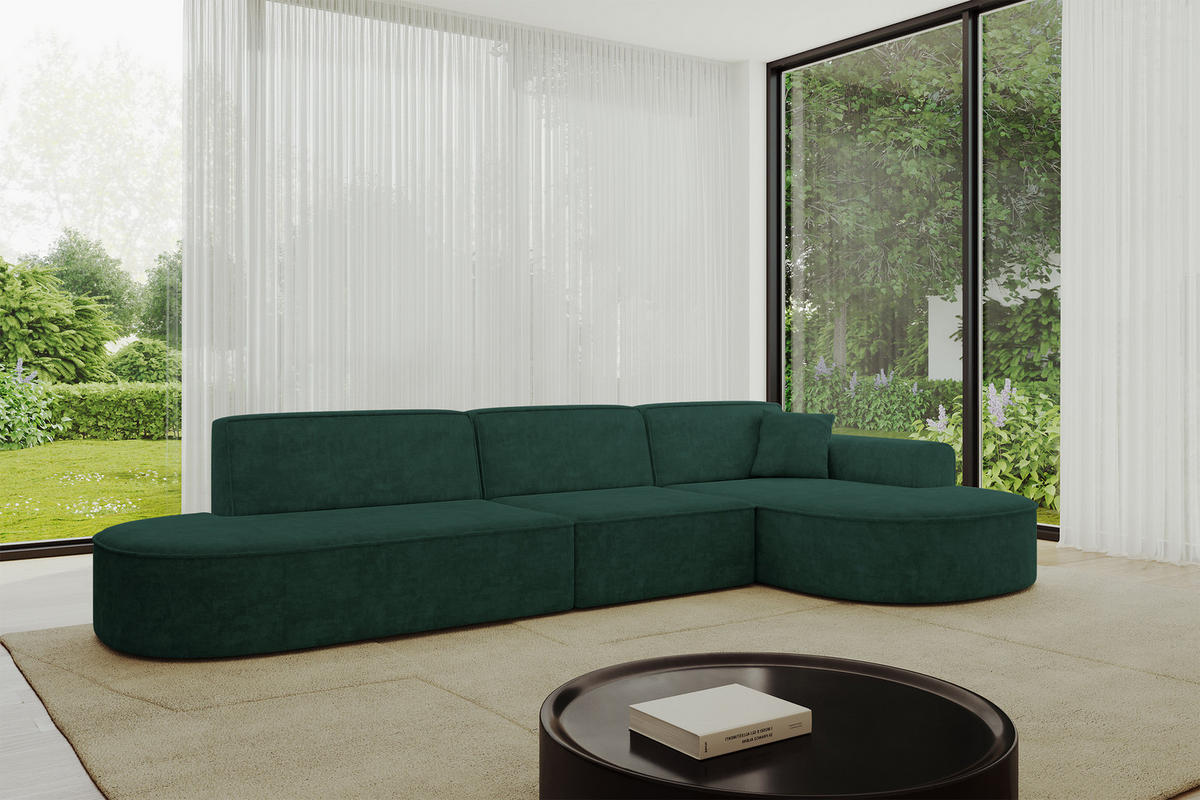 ECKSOFA Ottomane Rechts MARI-L2 - 328x171x79 cm Grün Velours - Schwarz/Grün, Holzwerkstoff/Kunststoff (171/328cm) - ALTDECOR
