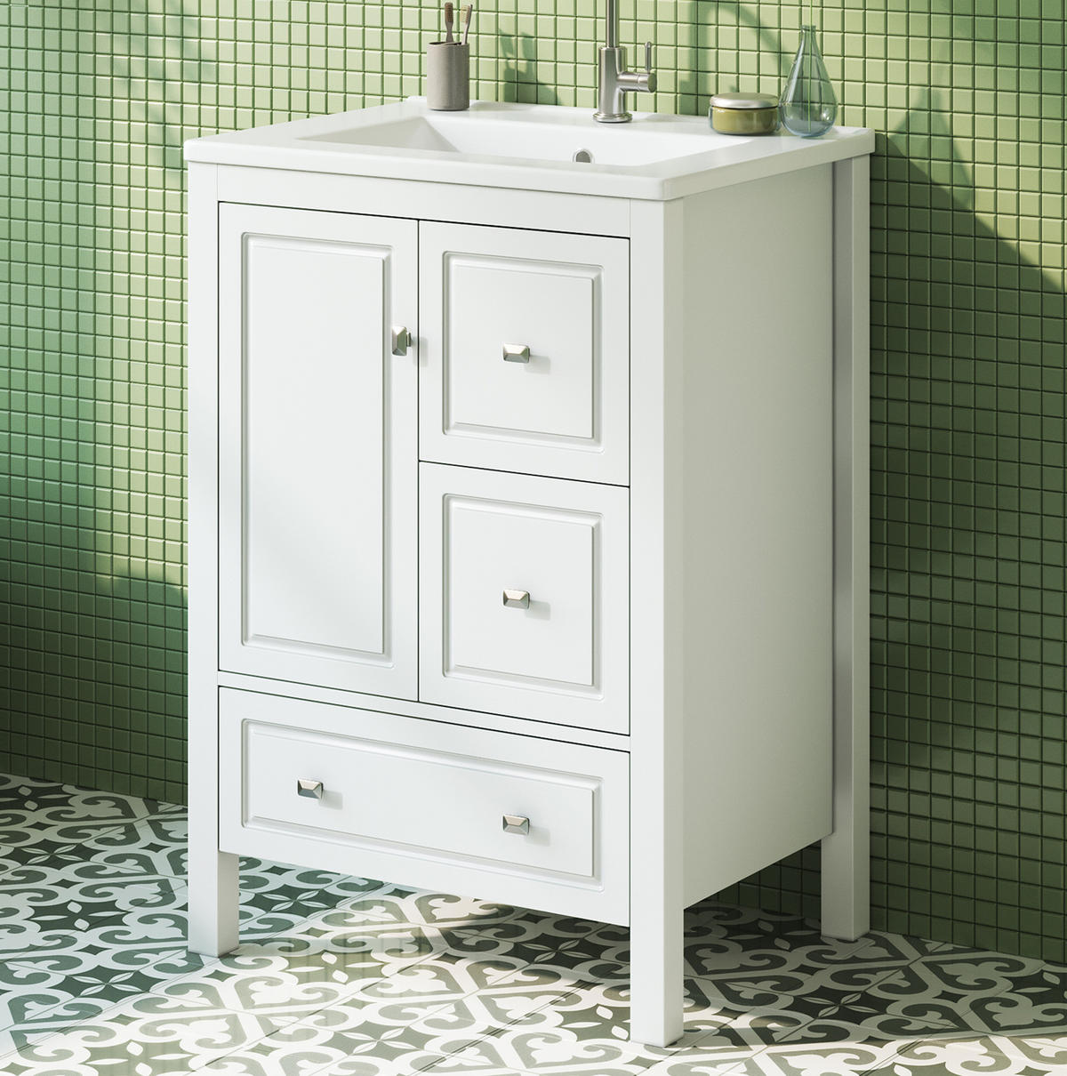 WASCHTISCH aus MDF und Keramik 62x47x90 cm Weiß mit Stauraum, Soft-Close und Überlaufschutz - Weiß, Keramik (62/90/47cm) - Modfu