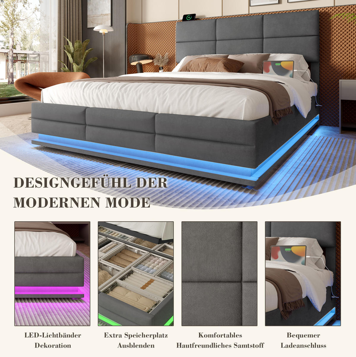 POLSTERBETT 160/200 cm dunkelgrau aus Samt mit LED, USB und Stauraum - Dunkelgrau, Textil (160/200cm) - OKWISH