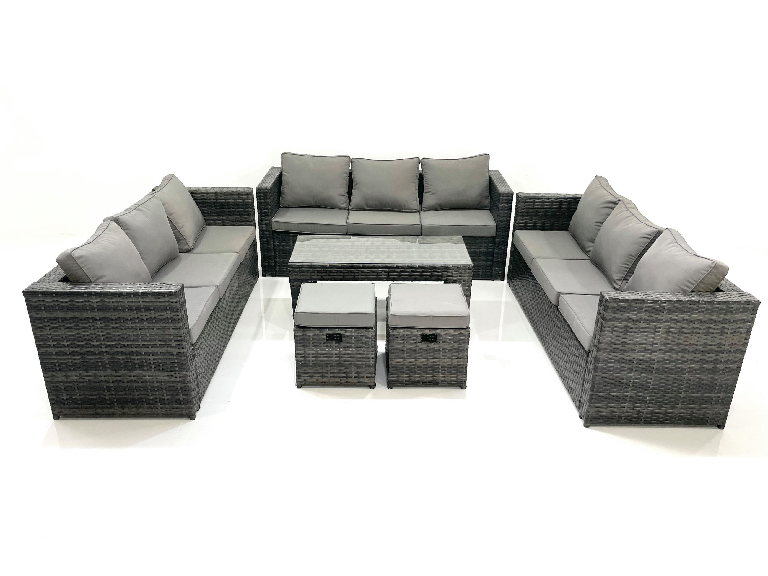 GARTENMÖBEL COUCHTISCH SET mit Sofa Polyrattan Outdoor 11-Sitzer - Dunkelgrau/Grau, Glas/Kunststoff - Fimous