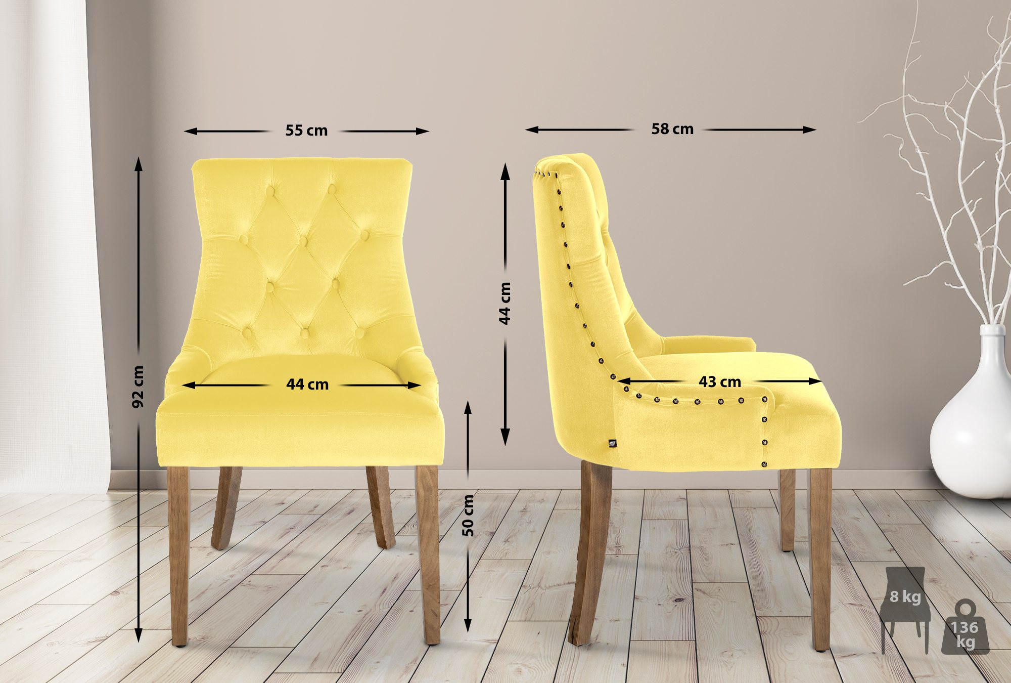 STUHL Samt gelb - Gelb/Naturfarben, Holz/Textil (55/92/58cm) - CLP