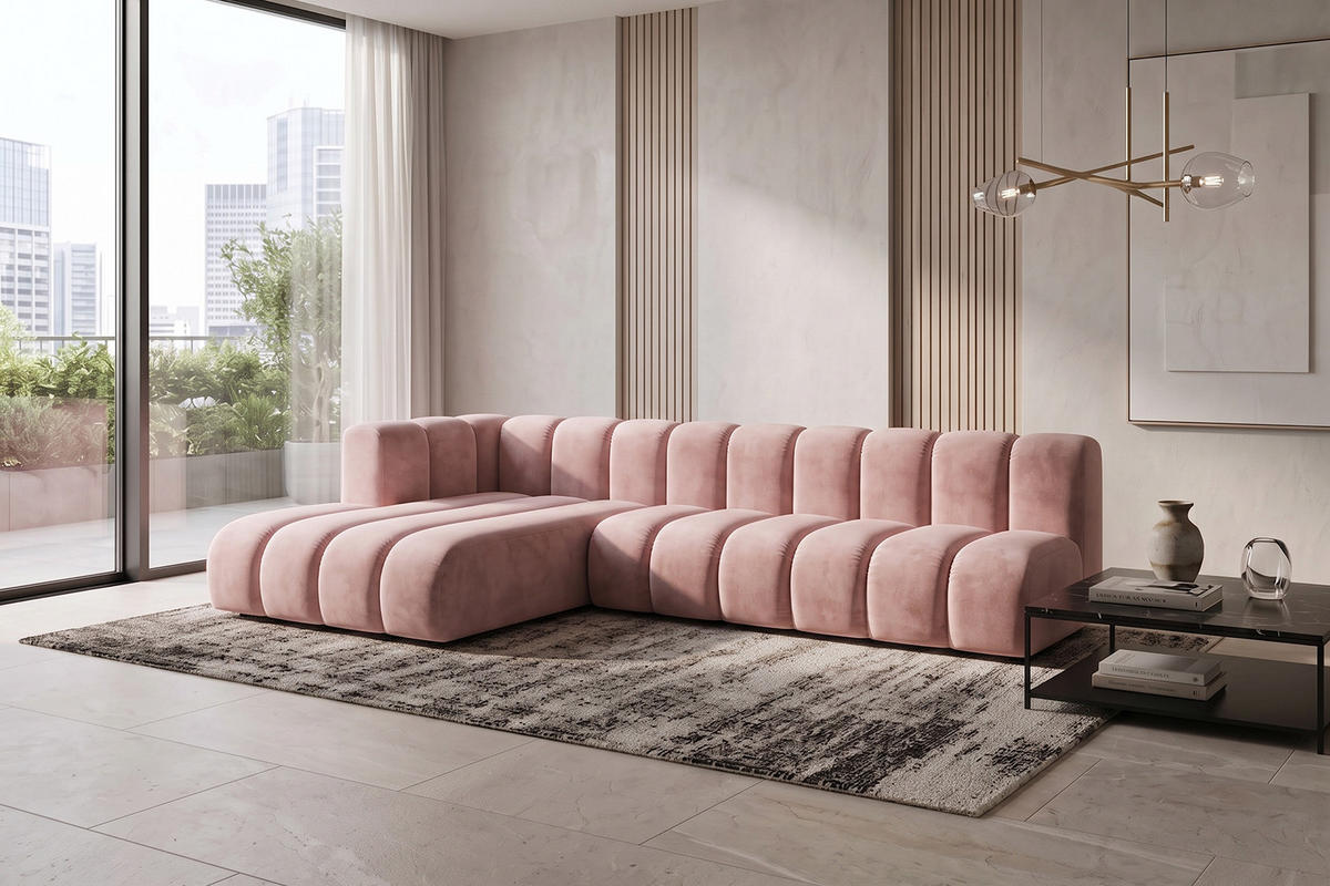 ECKSOFA Modulares In L-Form, Velvet-Stoff Riviera, Hellrosa, Links, GRAND 295 cm - Hellrosa, Holz (295/179cm) - Kaiser Möbel