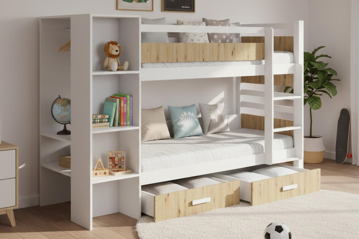 ETAGENBETT AGNES 90/200 Weiß/Eiche Artisan rechts - Eichefarben/Weiß, Holzwerkstoff/Textil (90/200cm) - Deine Möbel 24