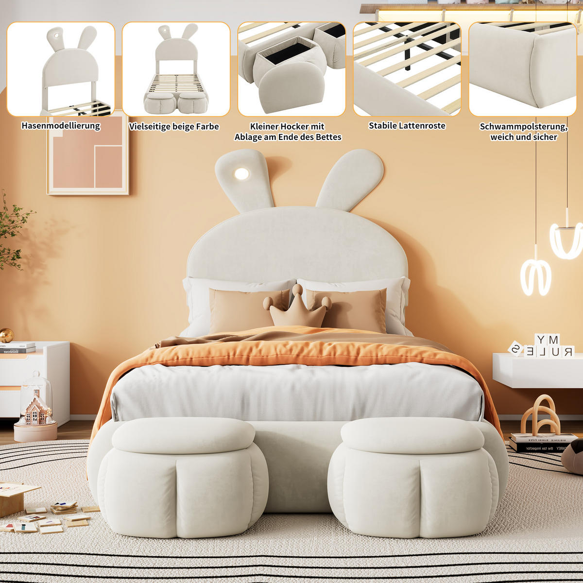 KINDERBETT 90/200 cm Beige Polsterbett Samt Hasenohren LED mit Aufbewahrungshockern - Beige, Holz/Textil (90/200cm) - PARAFTA HOME
