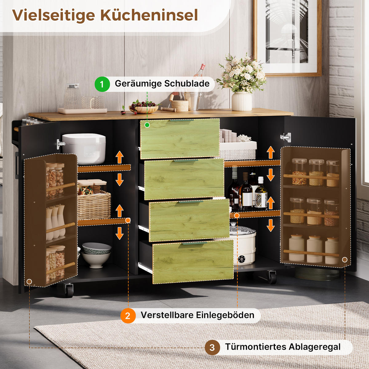 KÜCHENINSEL auf Rollen 120/45/90 cm Schwarz mit klappbarer Arbeitsplatte, 4 Schublade und Gewürzregal - Silberfarben/Schwarz, Holz/Holzwerkstoff (70/90/120cm) - Oxeza
