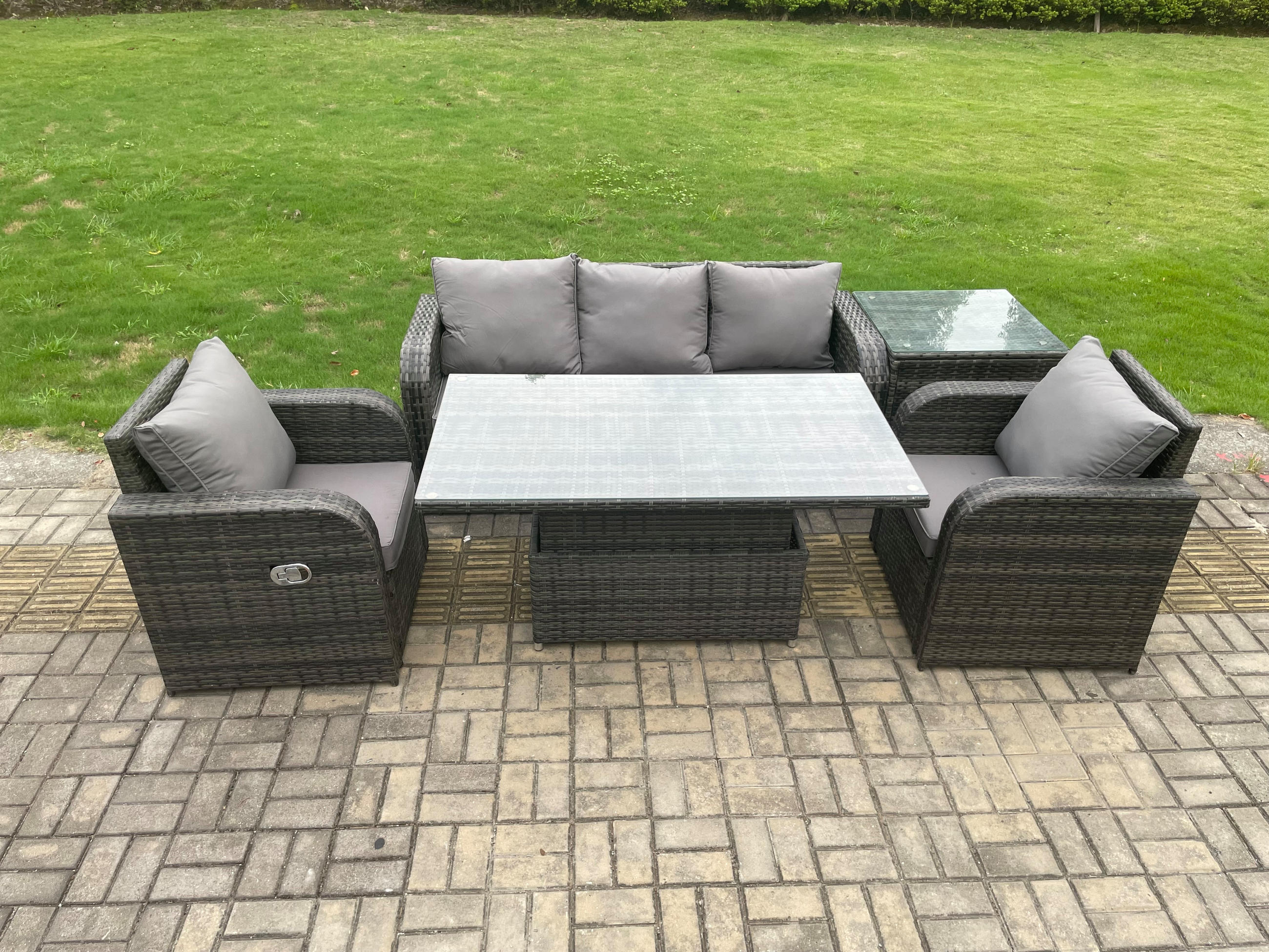SITZGRUPPE GARTENSET Polyrattan Patio 5-Sitzer - Dunkelgrau/Grau, Glas/Kunststoff - Fimous